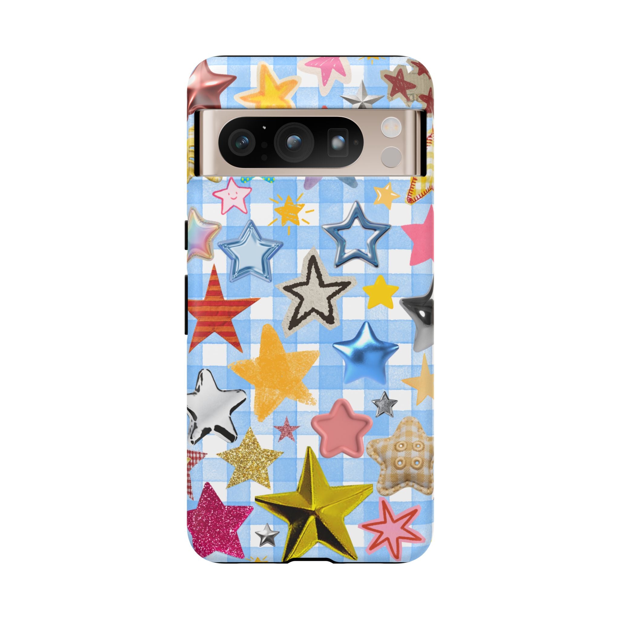 Star Pattern Phone Case – Colorful Stars on Blue Gingham Phone Case