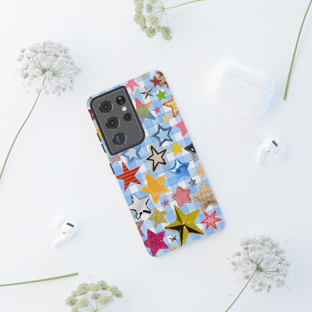 Star Pattern Phone Case – Colorful Stars on Blue Gingham Phone Case