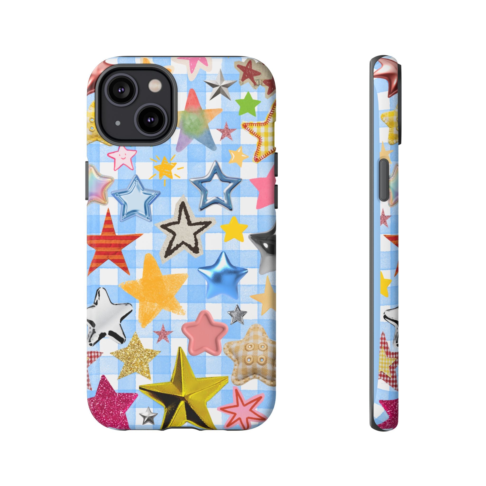 Star Pattern Phone Case – Colorful Stars on Blue Gingham Phone Case