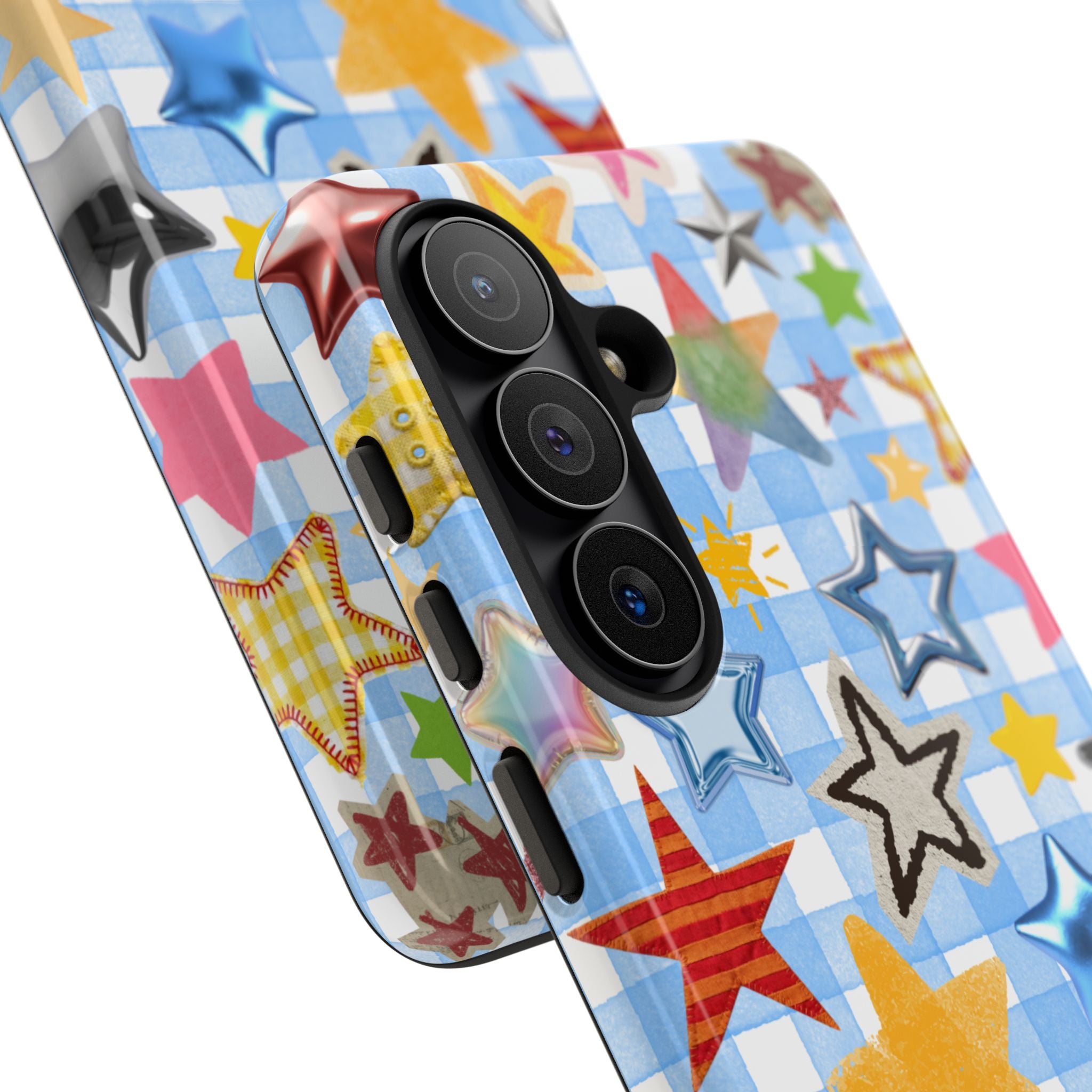 Star Pattern Phone Case – Colorful Stars on Blue Gingham Phone Case