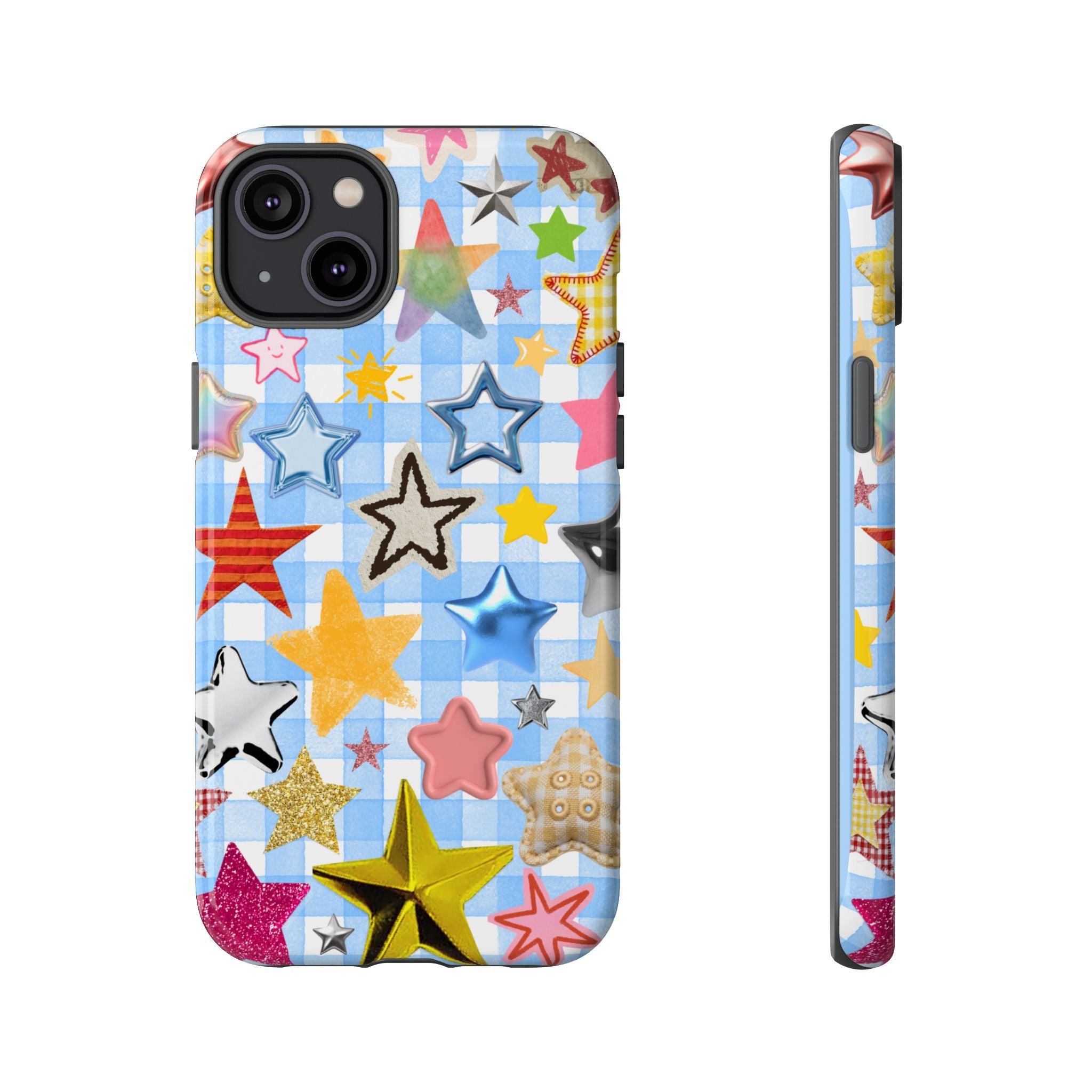 Star Pattern Phone Case – Colorful Stars on Blue Gingham Phone Case