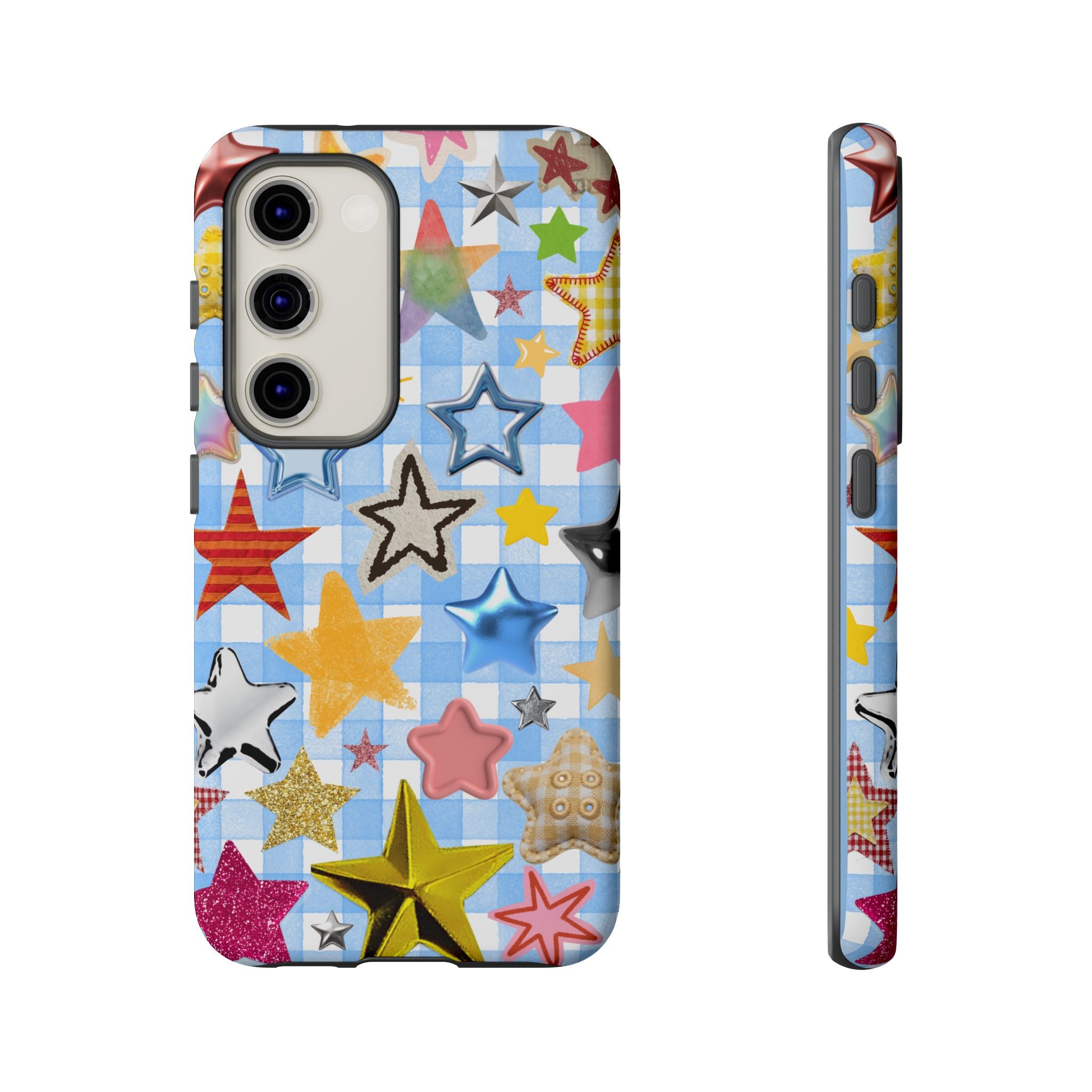 Star Pattern Phone Case – Colorful Stars on Blue Gingham Phone Case