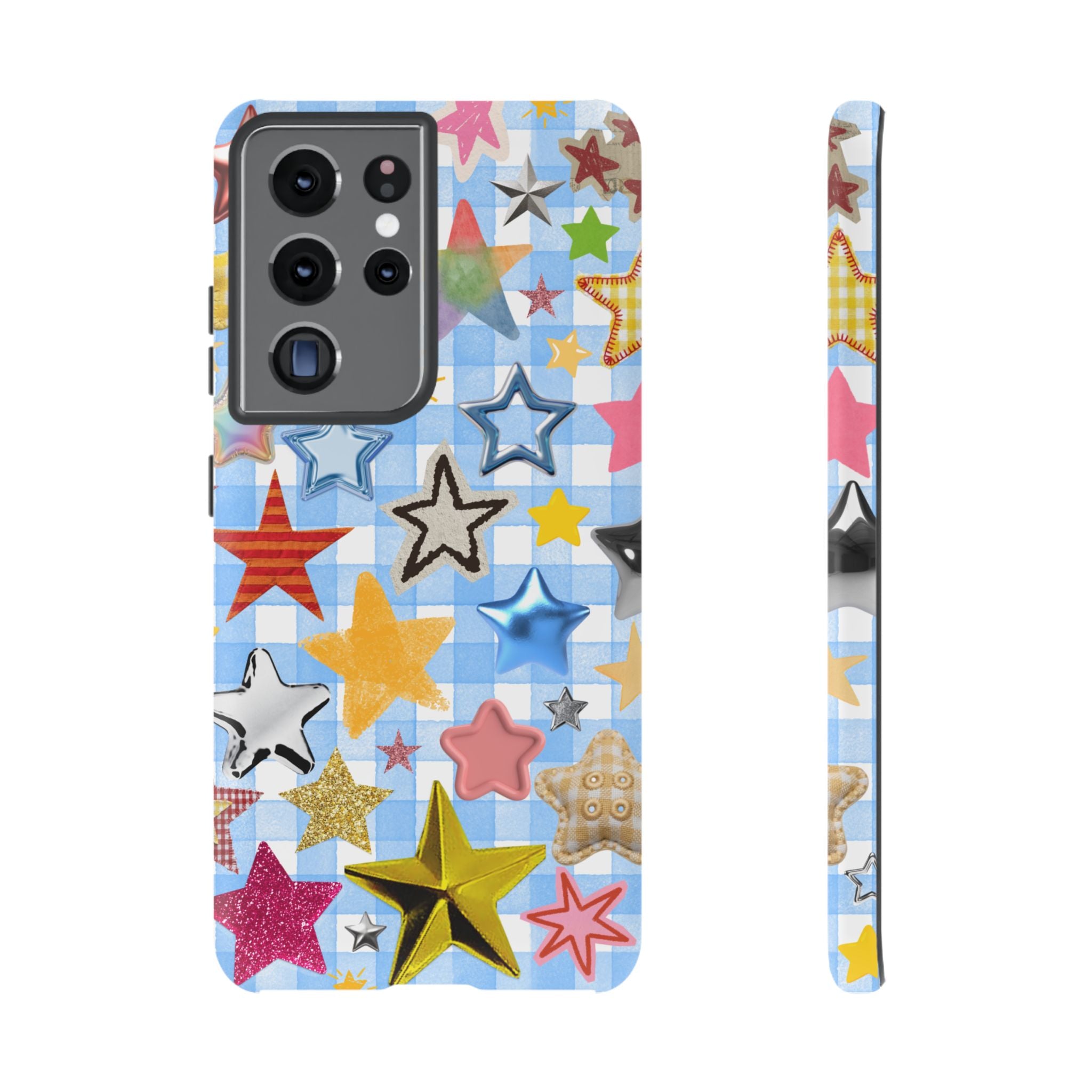 Star Pattern Phone Case – Colorful Stars on Blue Gingham Phone Case