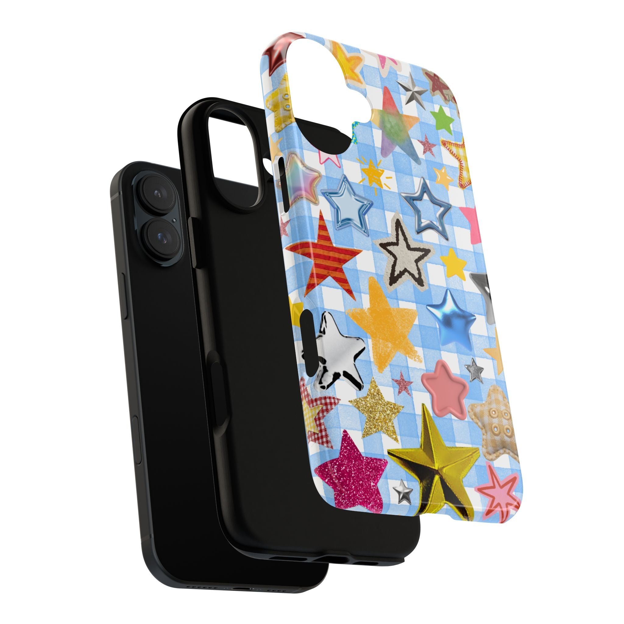 Star Pattern Phone Case – Colorful Stars on Blue Gingham Phone Case