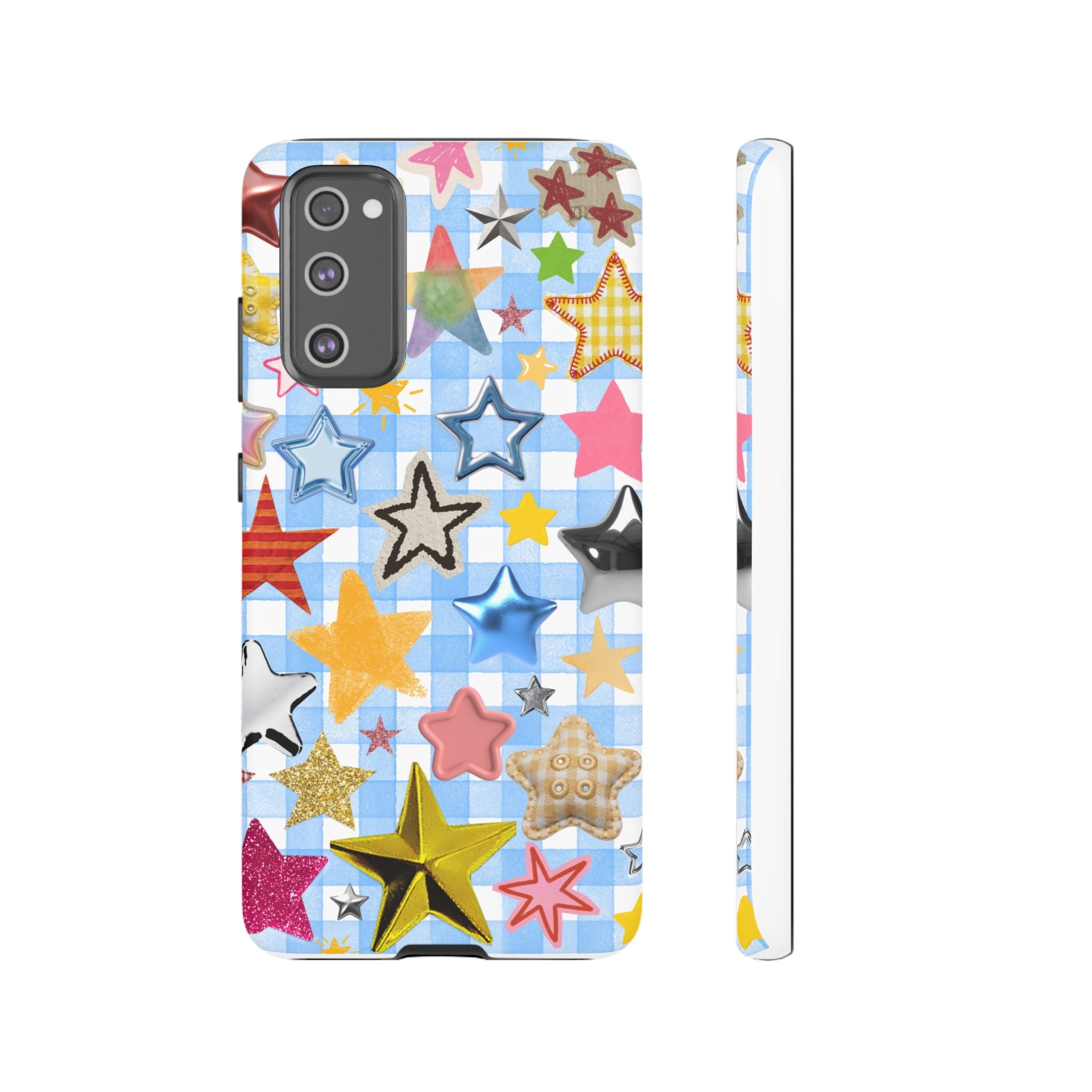 Star Pattern Phone Case – Colorful Stars on Blue Gingham Phone Case