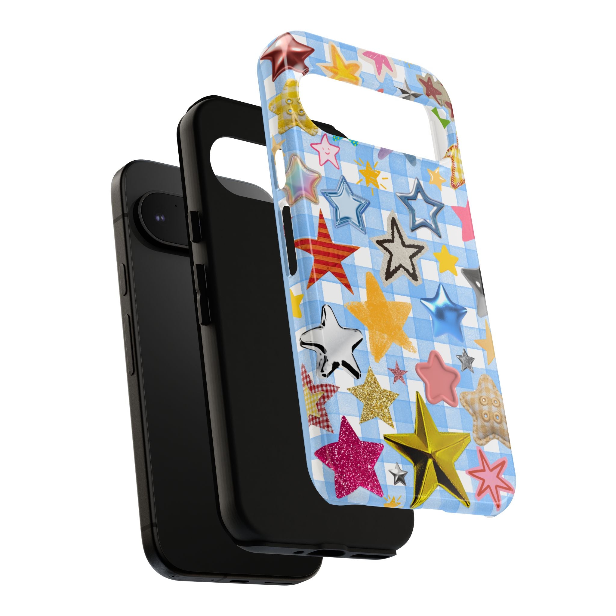 Star Pattern Phone Case – Colorful Stars on Blue Gingham Phone Case