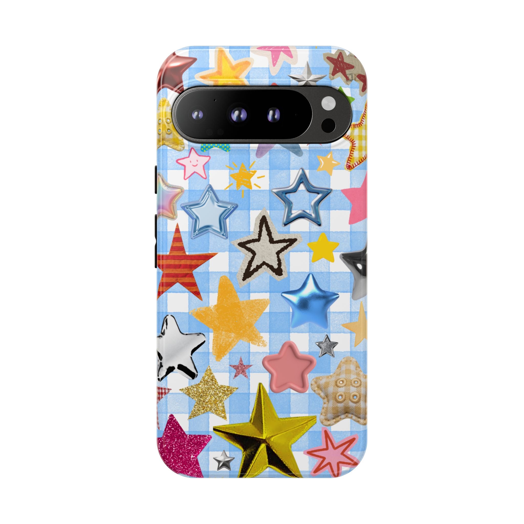 Star Pattern Phone Case – Colorful Stars on Blue Gingham Phone Case