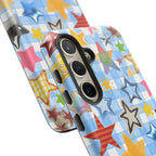 Star Pattern Phone Case – Colorful Stars on Blue Gingham Phone Case