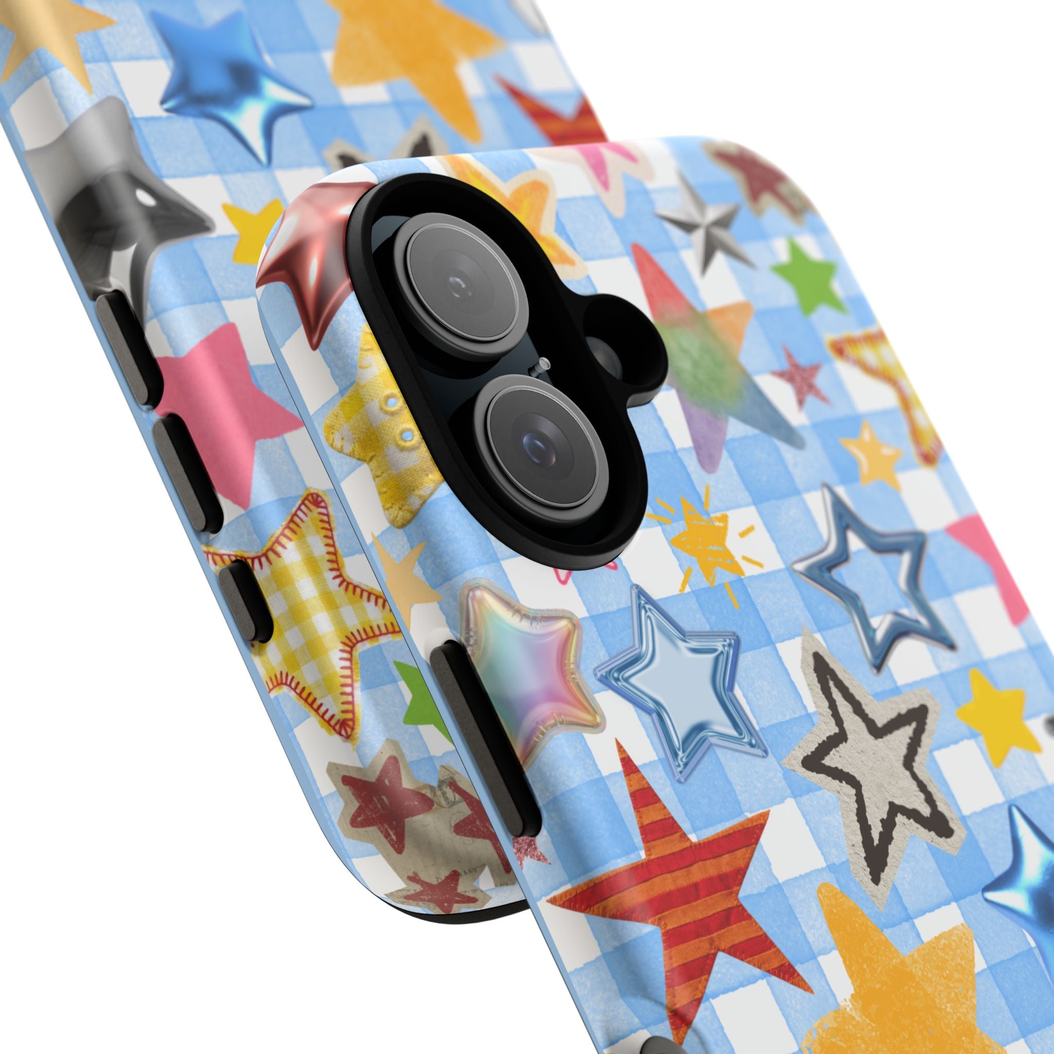 Star Pattern Phone Case – Colorful Stars on Blue Gingham Phone Case
