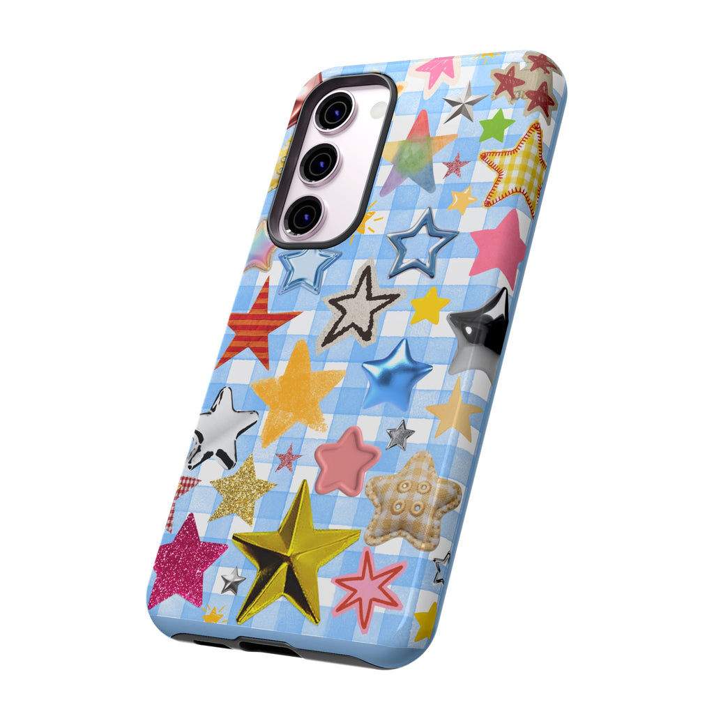 Star Pattern Phone Case – Colorful Stars on Blue Gingham Phone Case