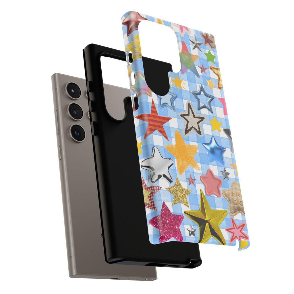 Star Pattern Phone Case – Colorful Stars on Blue Gingham Phone Case