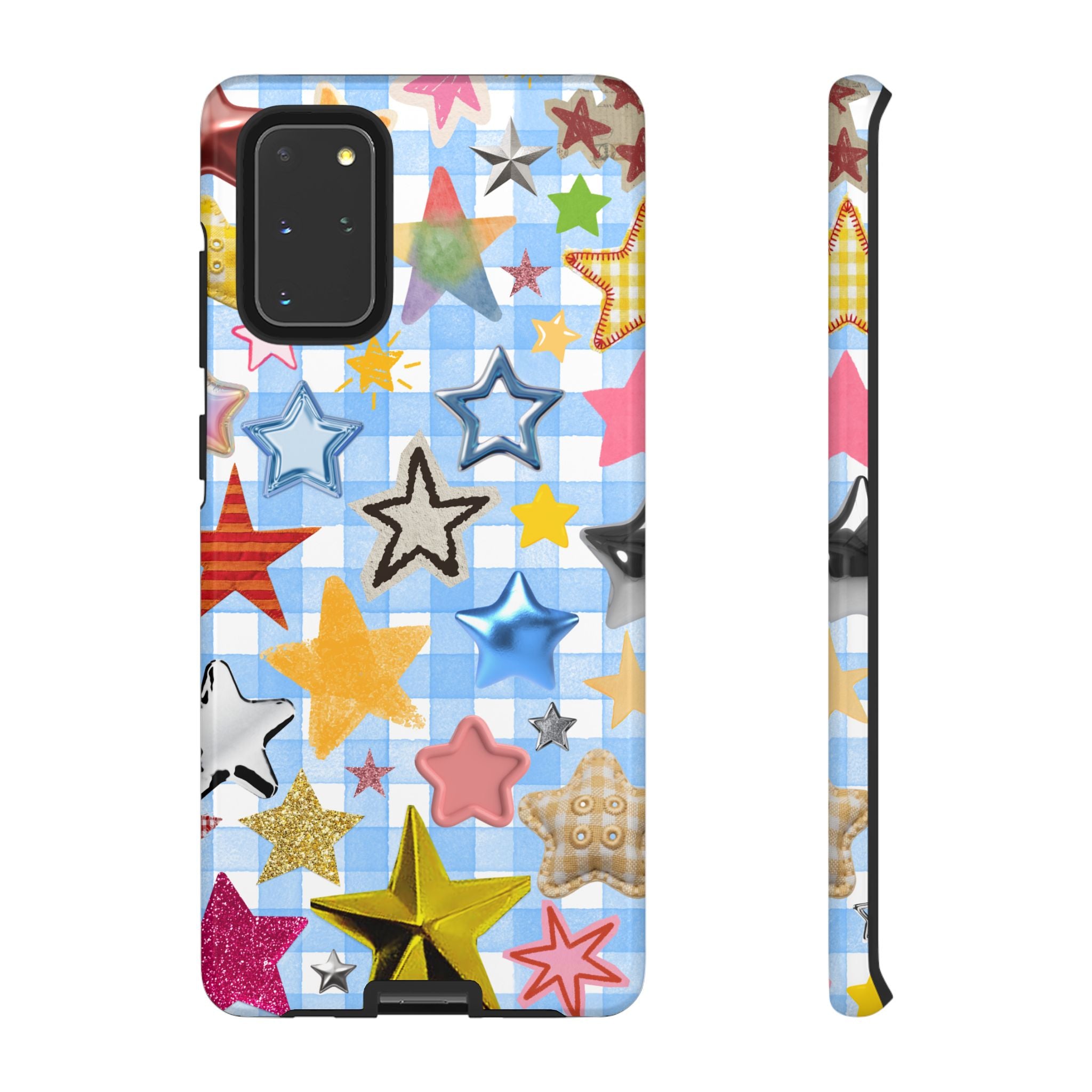 Star Pattern Phone Case – Colorful Stars on Blue Gingham Phone Case