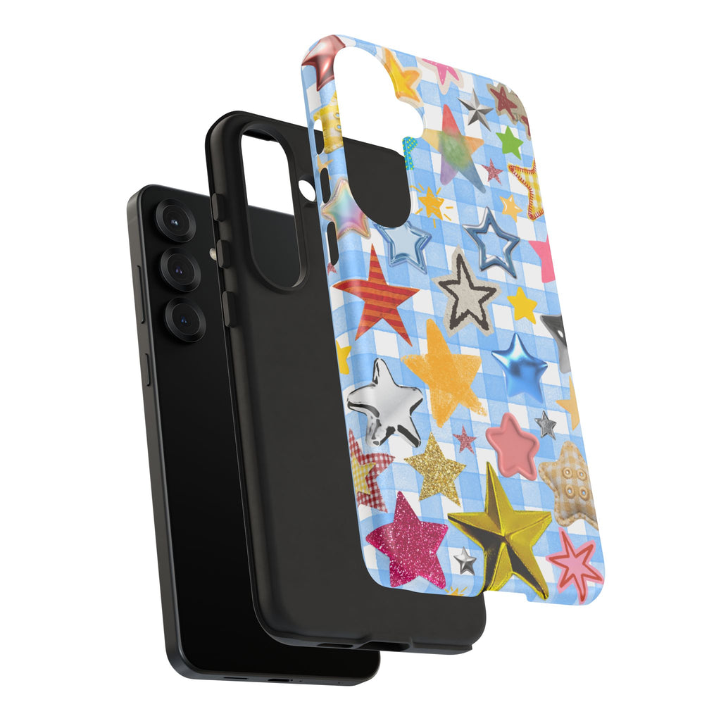 Star Pattern Phone Case – Colorful Stars on Blue Gingham Phone Case