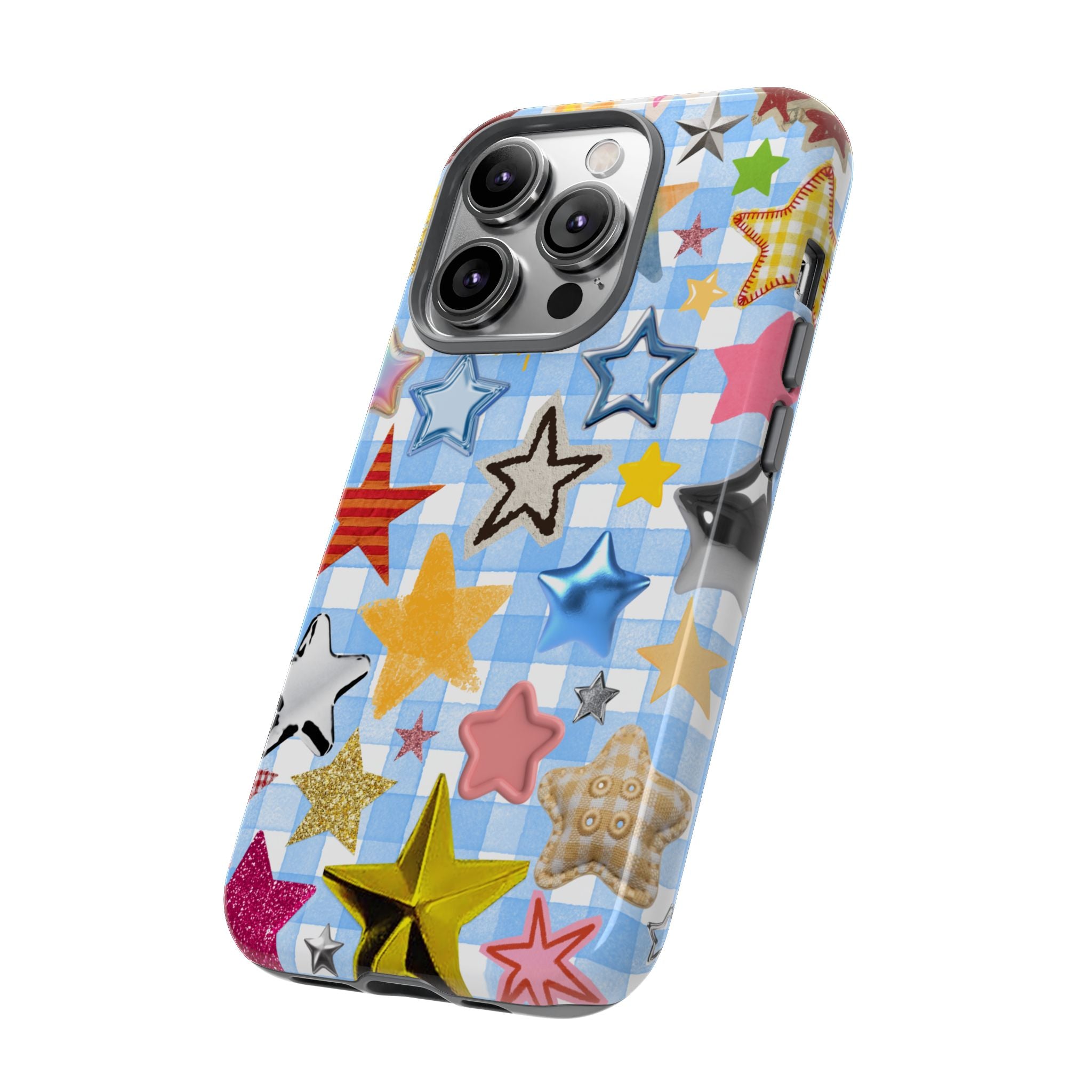 Star Pattern Phone Case – Colorful Stars on Blue Gingham Phone Case
