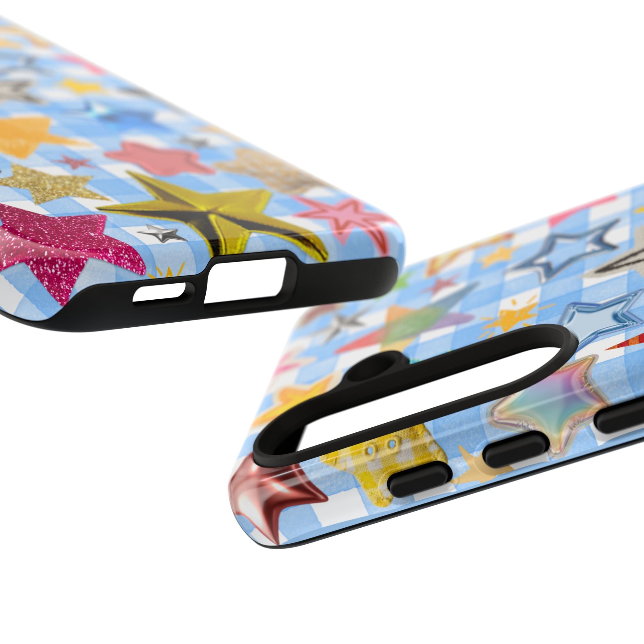 Star Pattern Phone Case – Colorful Stars on Blue Gingham Phone Case