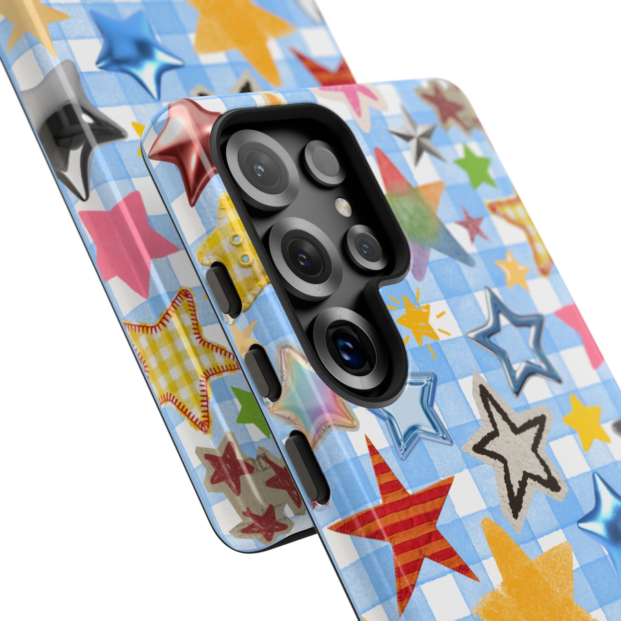 Star Pattern Phone Case – Colorful Stars on Blue Gingham Phone Case