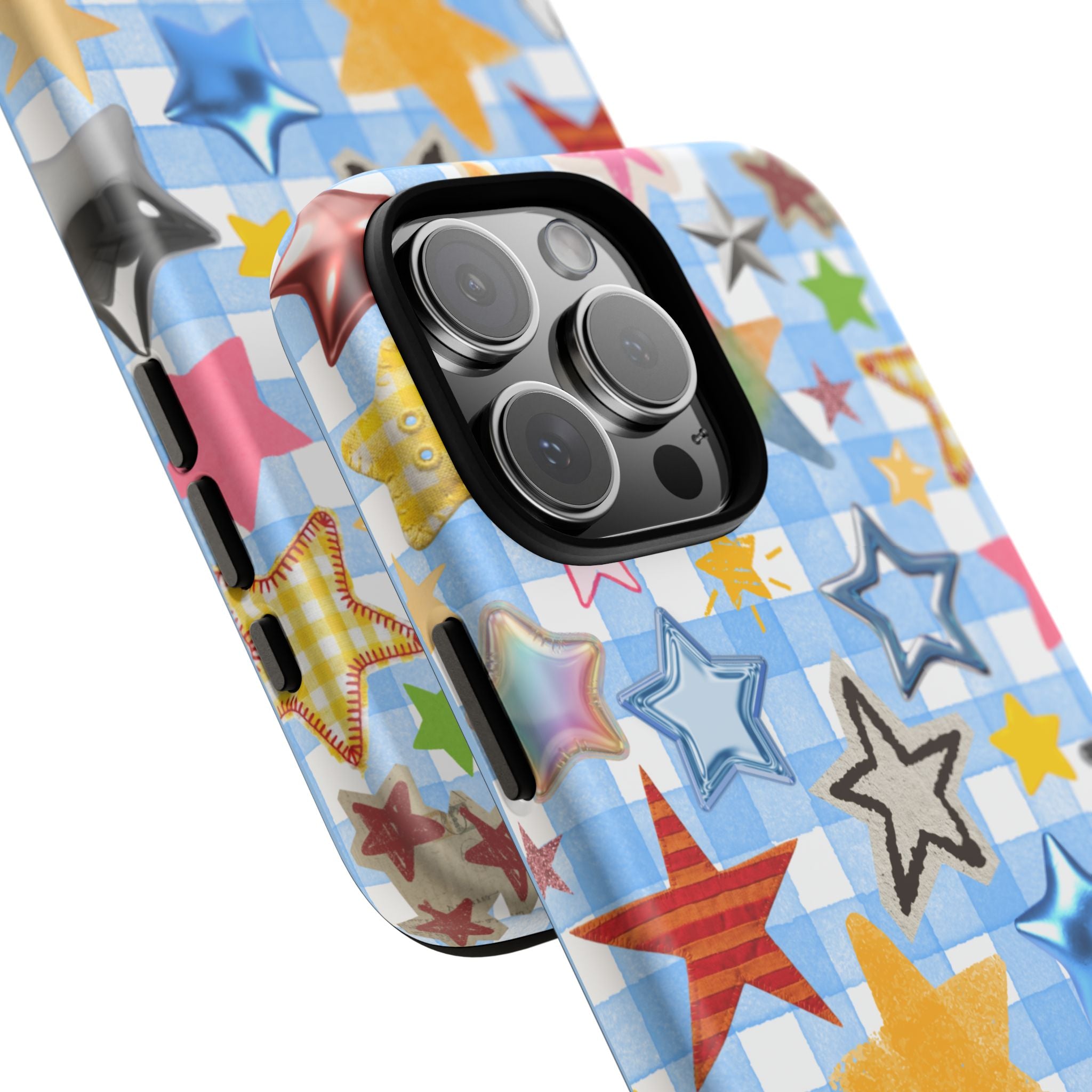 Star Pattern Phone Case – Colorful Stars on Blue Gingham Phone Case