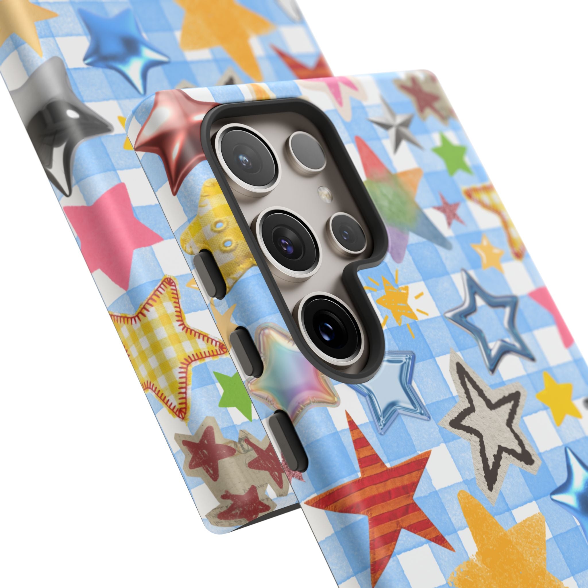 Star Pattern Phone Case – Colorful Stars on Blue Gingham Phone Case