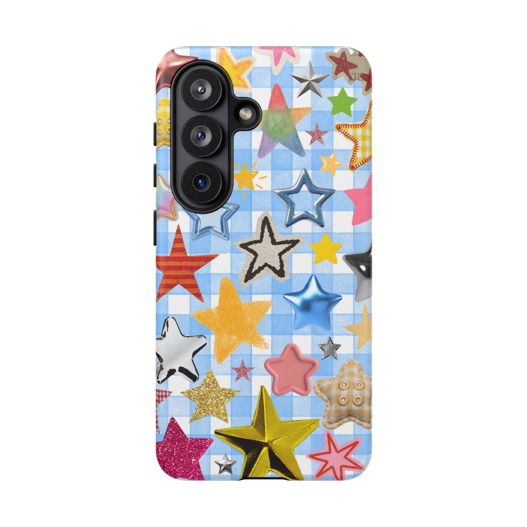 Star Pattern Phone Case – Colorful Stars on Blue Gingham Phone Case
