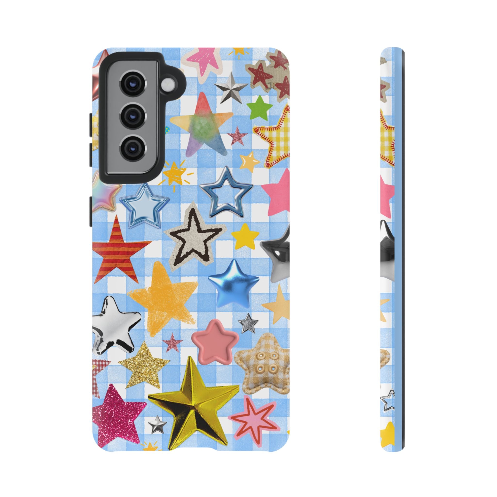 Star Pattern Phone Case – Colorful Stars on Blue Gingham Phone Case