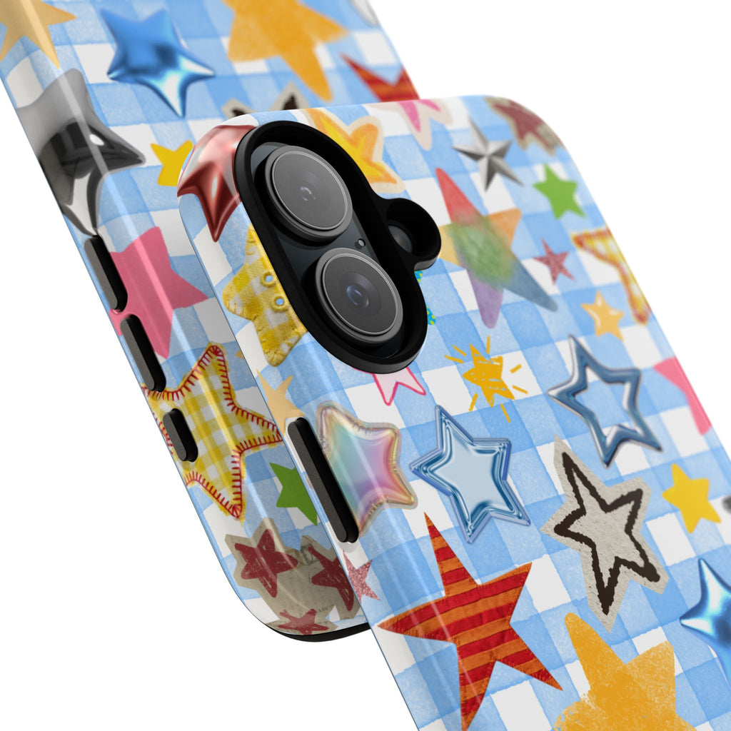 Star Pattern Phone Case – Colorful Stars on Blue Gingham Phone Case