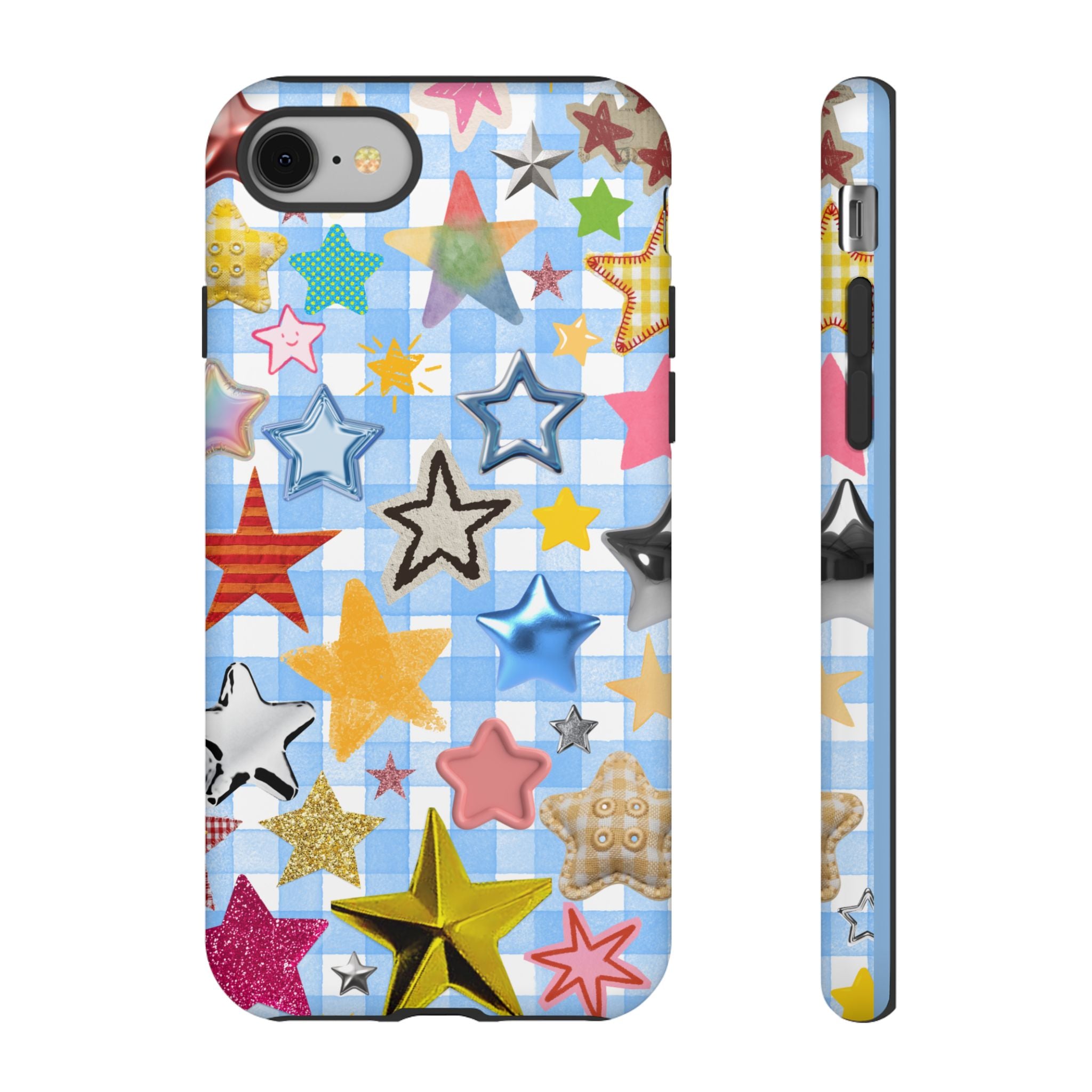 Star Pattern Phone Case – Colorful Stars on Blue Gingham Phone Case