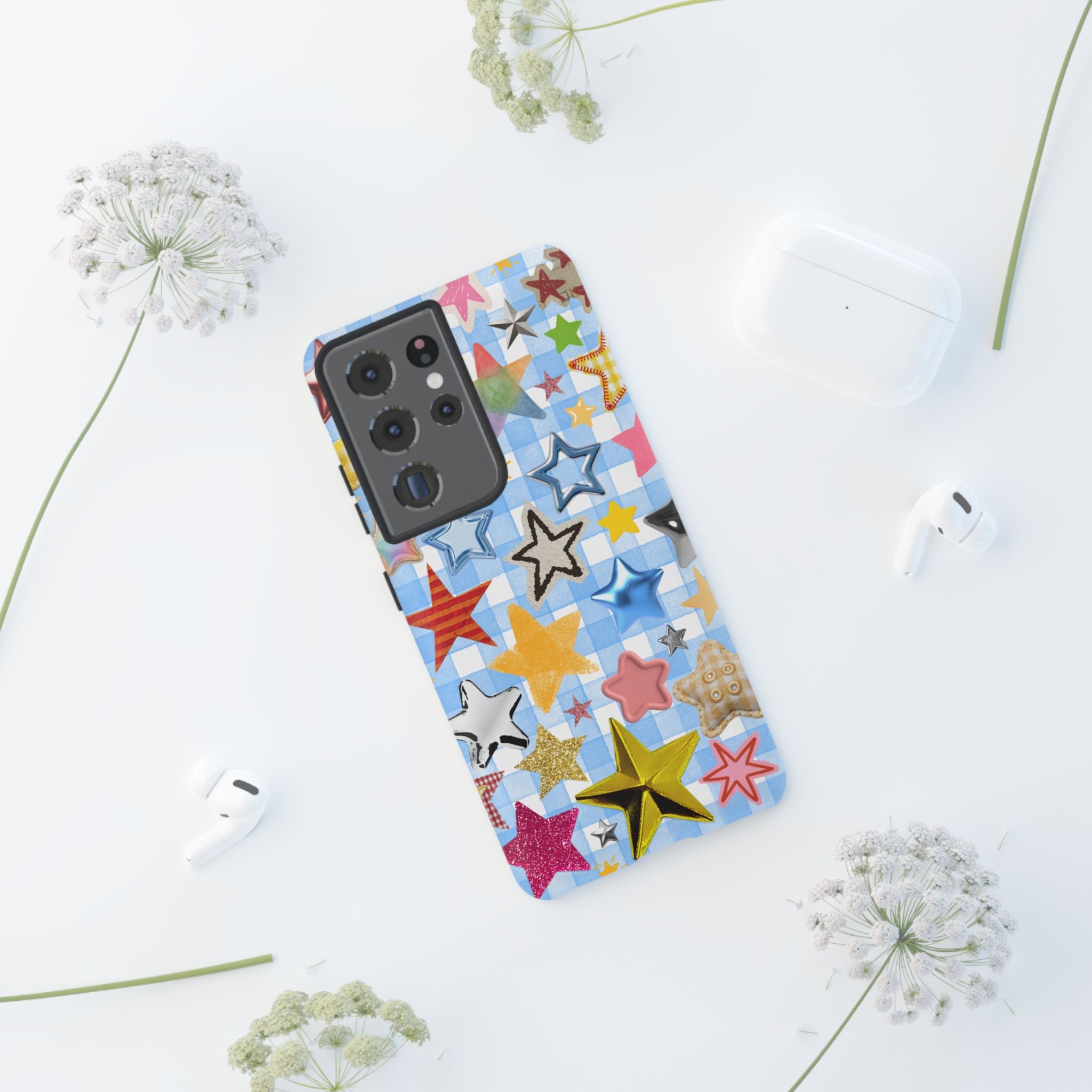 Star Pattern Phone Case – Colorful Stars on Blue Gingham Phone Case