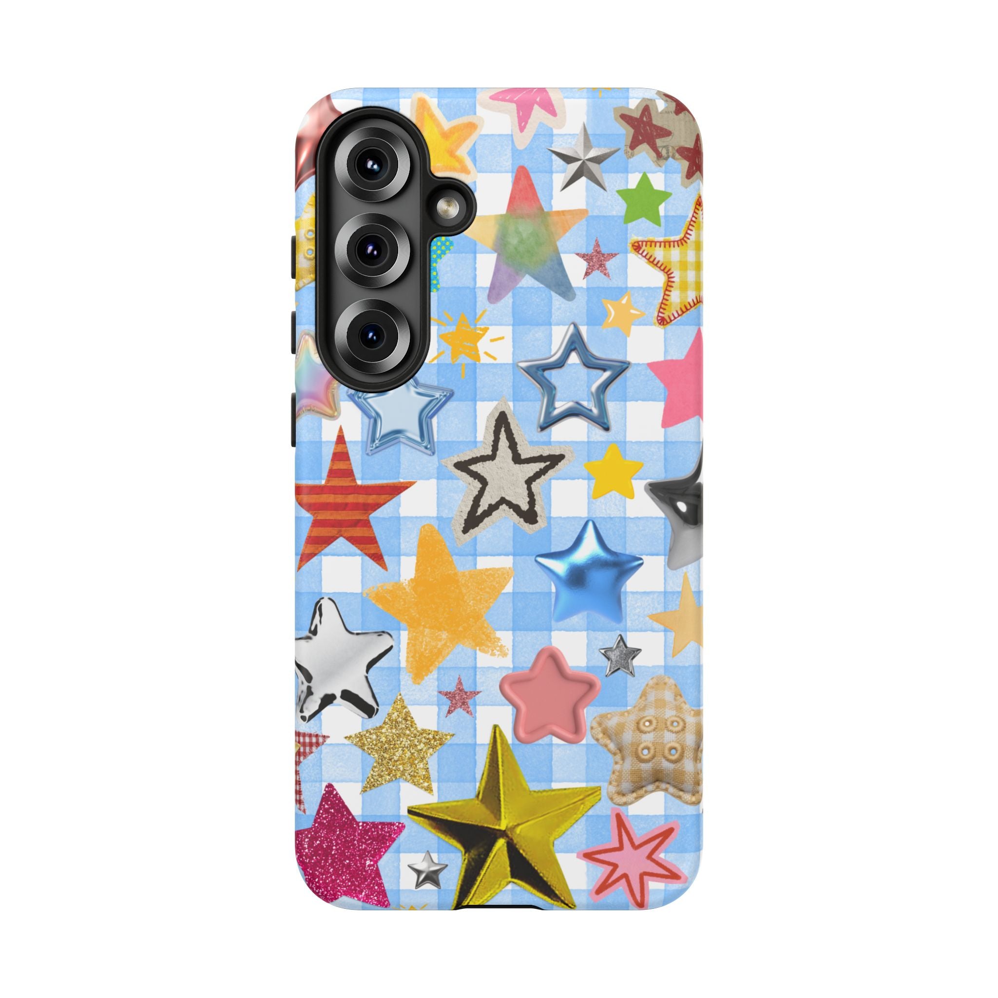 Star Pattern Phone Case – Colorful Stars on Blue Gingham Phone Case