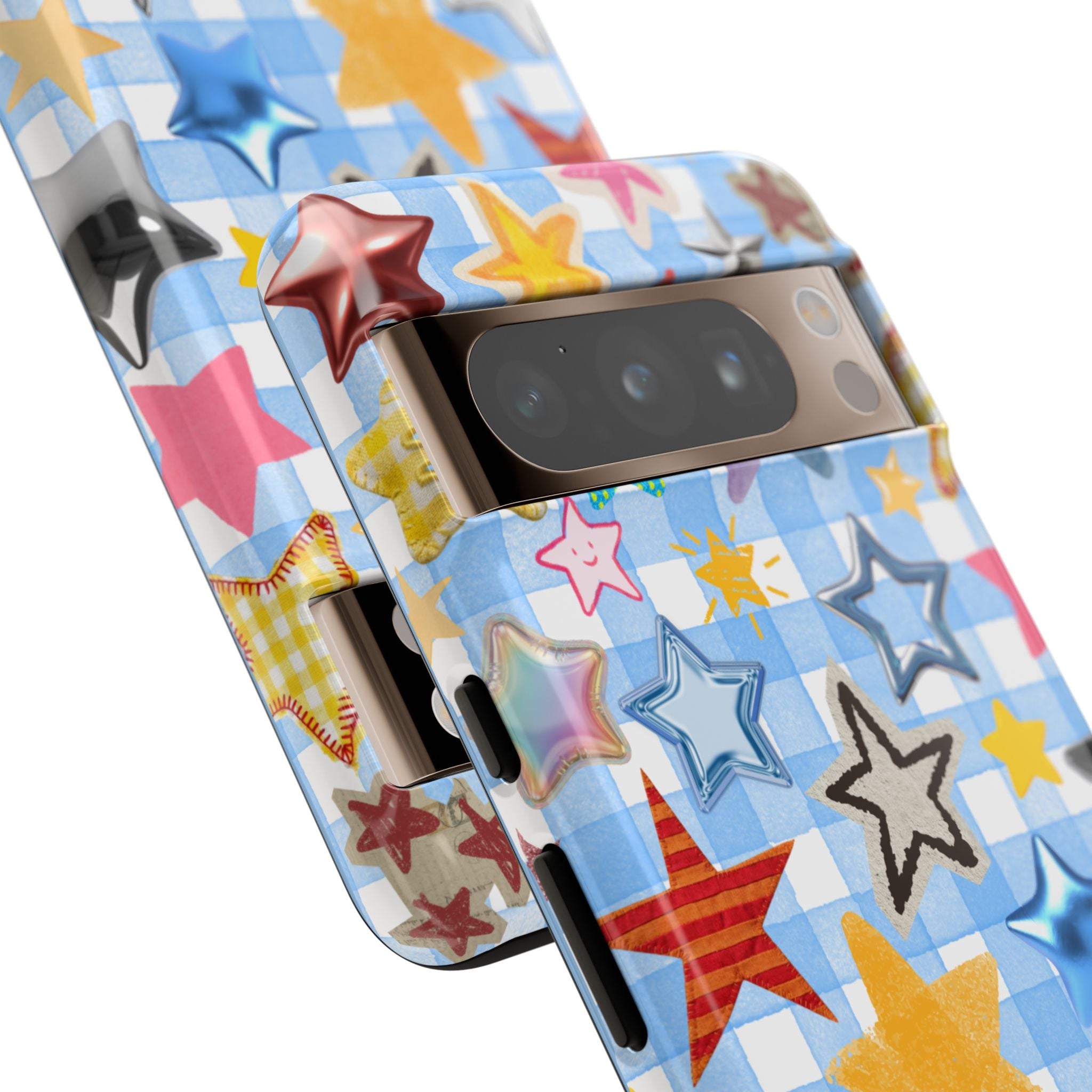 Star Pattern Phone Case – Colorful Stars on Blue Gingham Phone Case