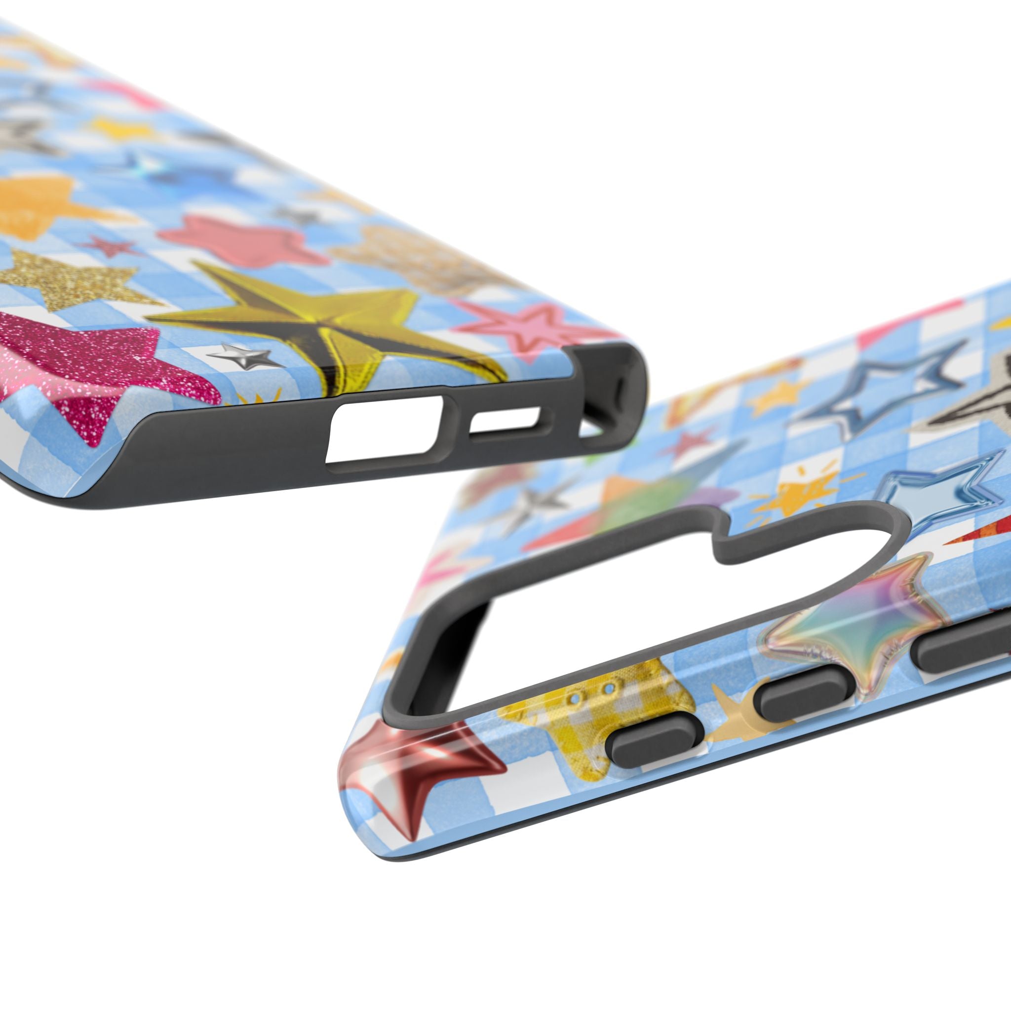 Star Pattern Phone Case – Colorful Stars on Blue Gingham Phone Case