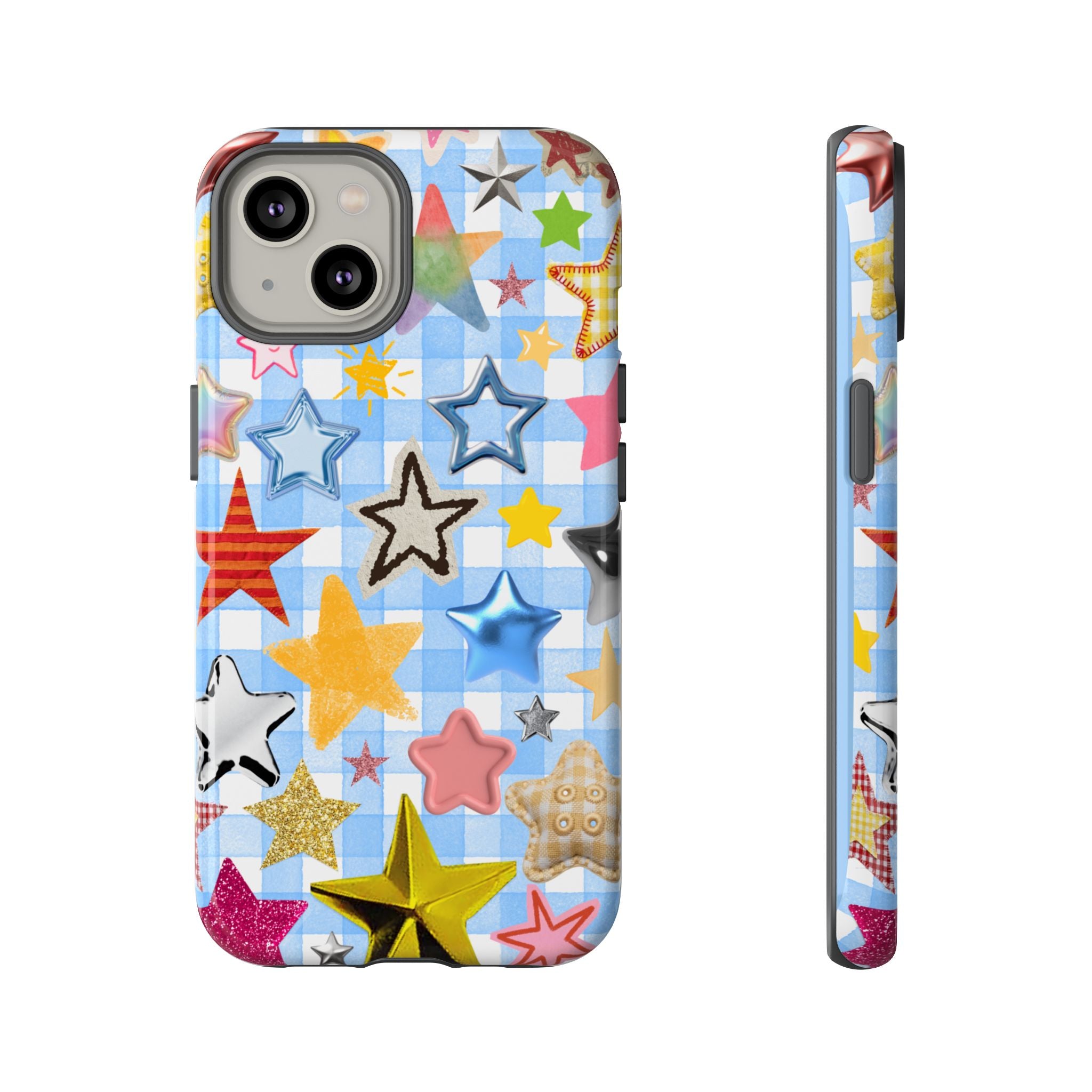Star Pattern Phone Case – Colorful Stars on Blue Gingham Phone Case