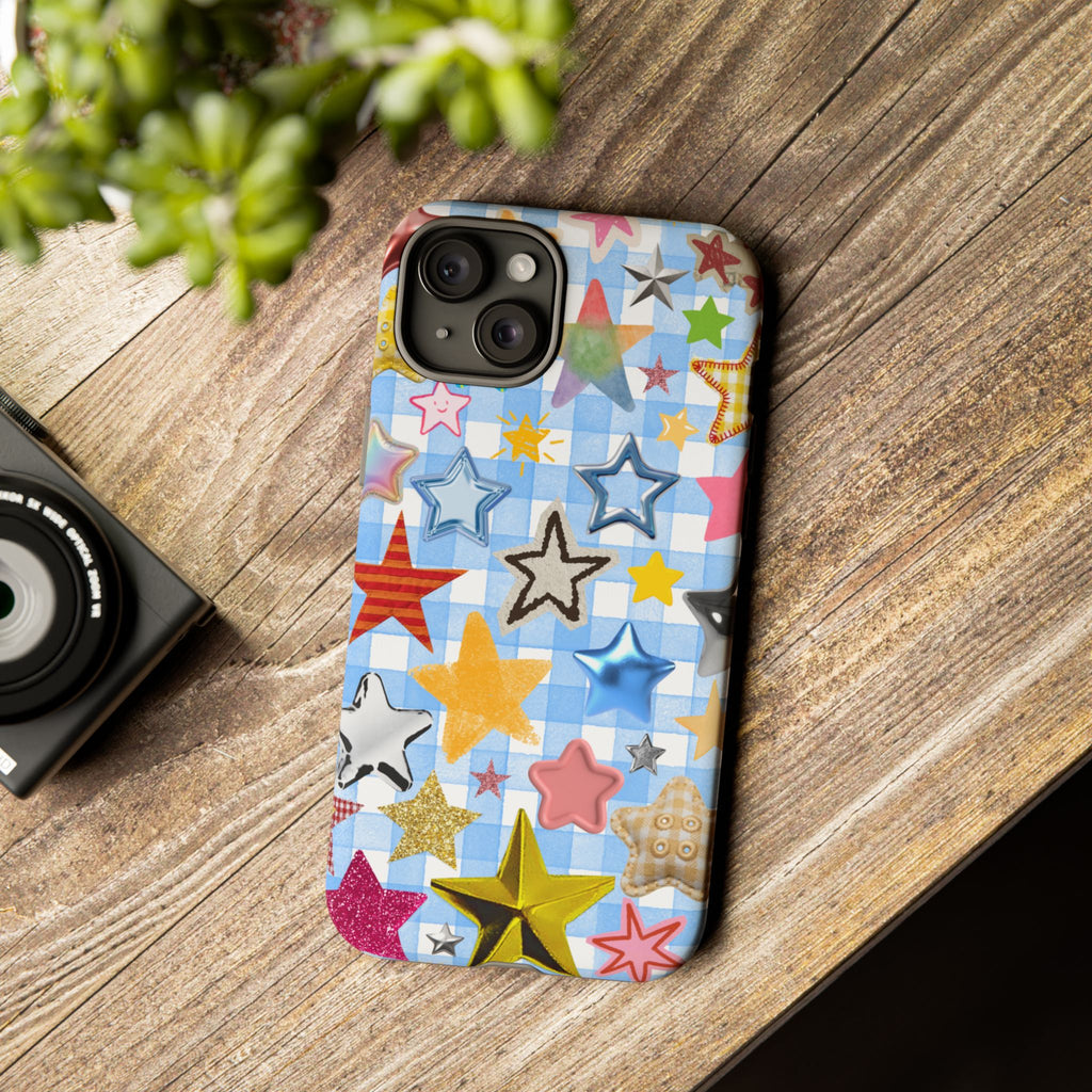 Star Pattern Phone Case – Colorful Stars on Blue Gingham Phone Case