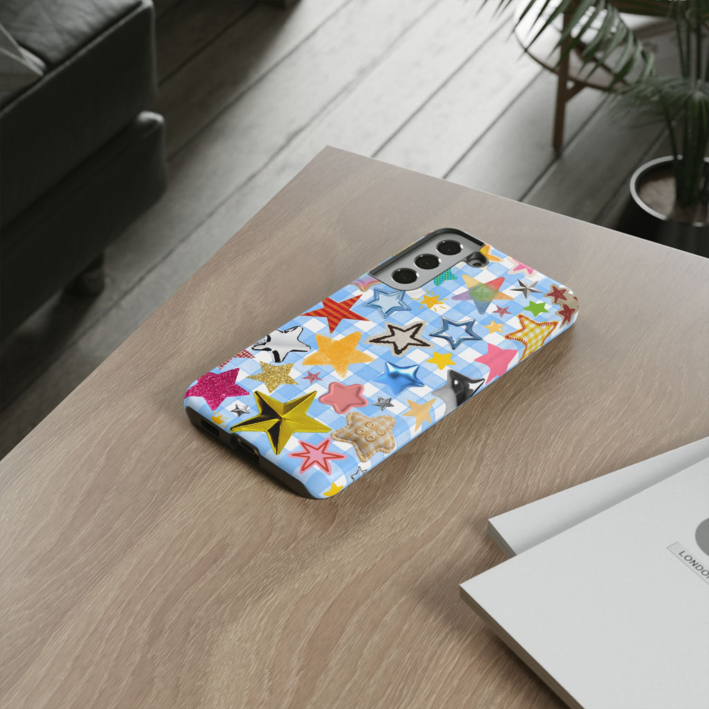 Star Pattern Phone Case – Colorful Stars on Blue Gingham Phone Case