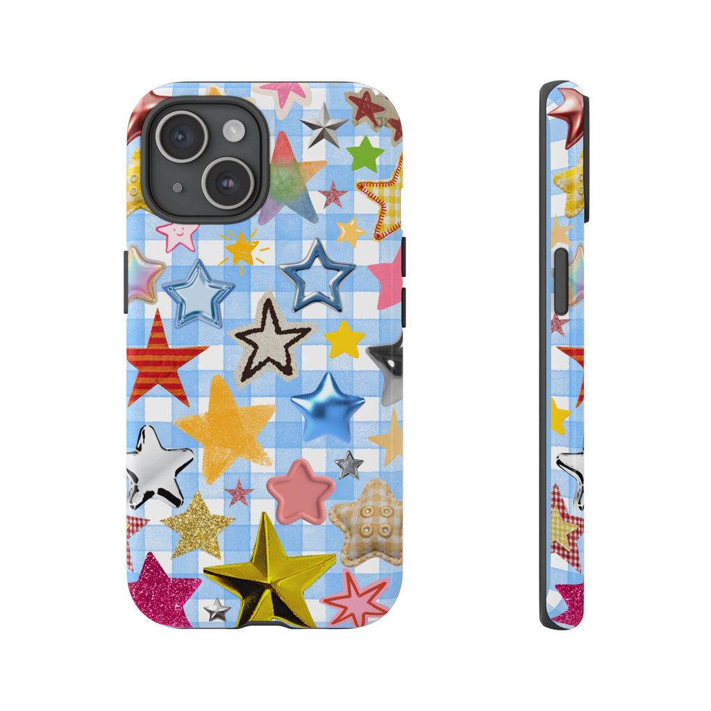 Star Pattern Phone Case – Colorful Stars on Blue Gingham Phone Case