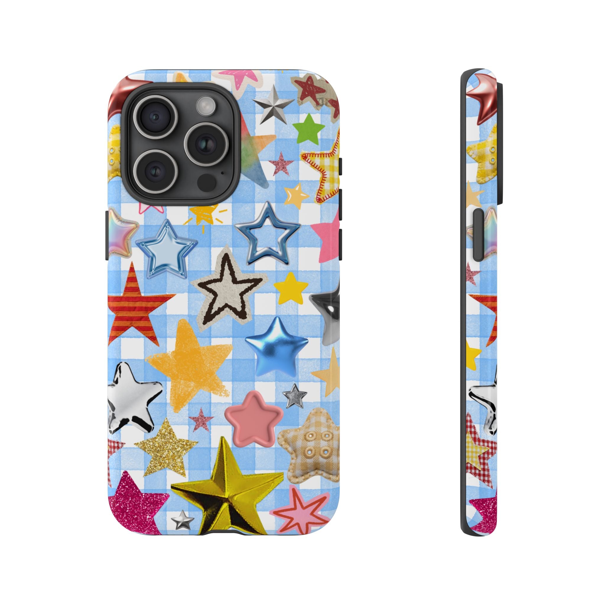 Star Pattern Phone Case – Colorful Stars on Blue Gingham Phone Case