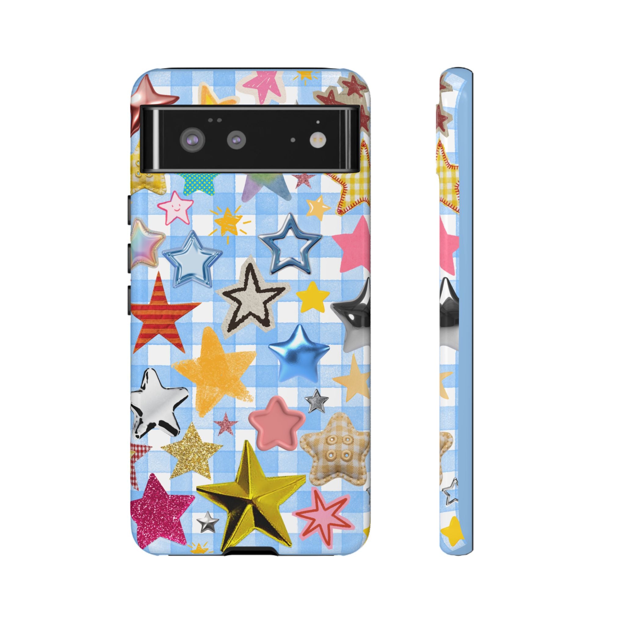 Star Pattern Phone Case – Colorful Stars on Blue Gingham Phone Case