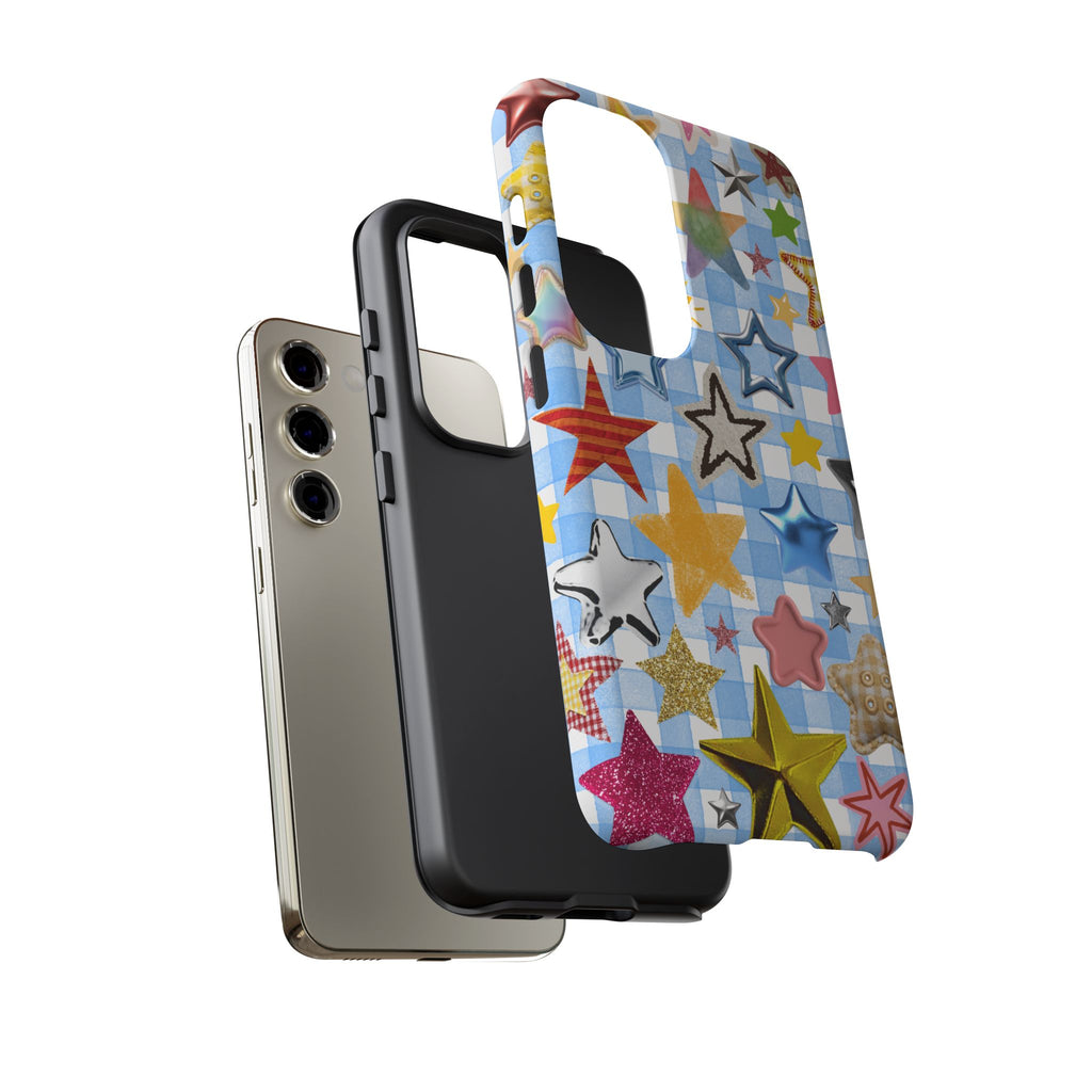 Star Pattern Phone Case – Colorful Stars on Blue Gingham Phone Case