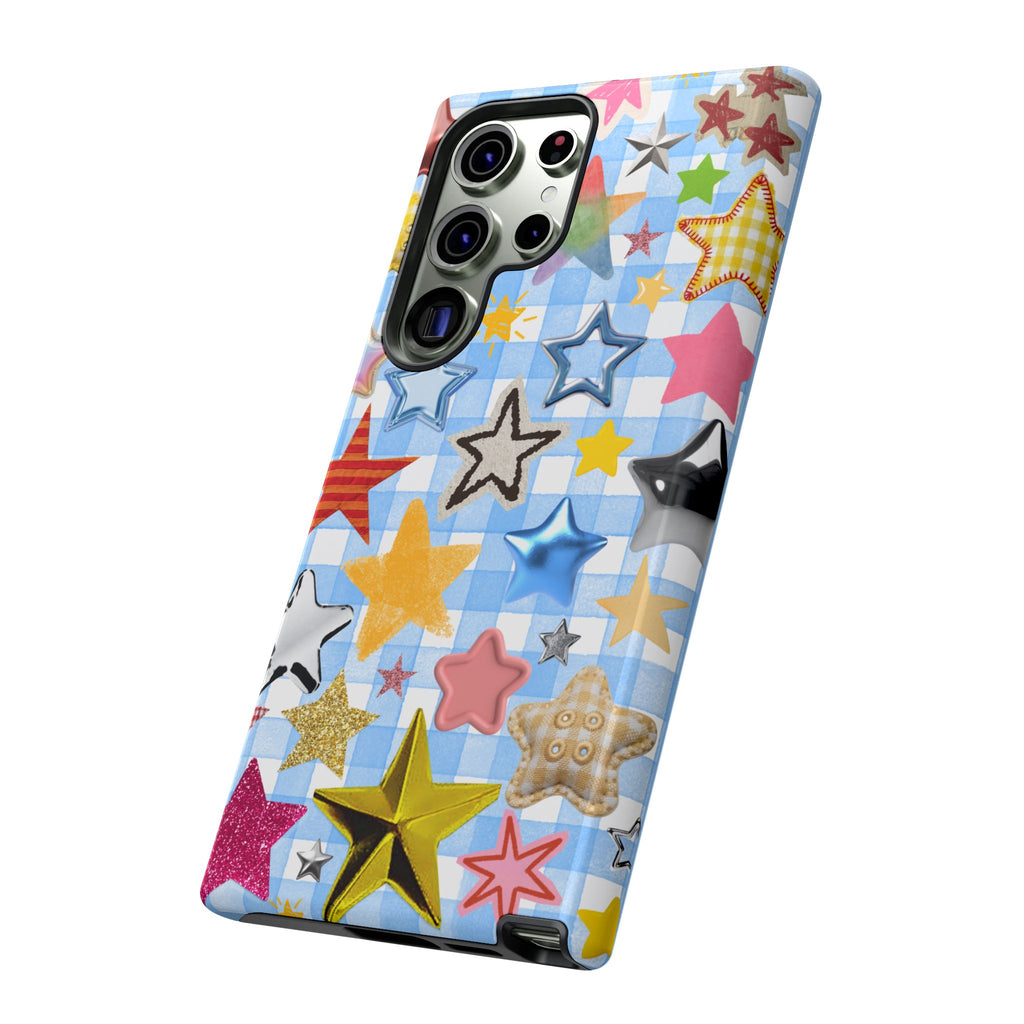Star Pattern Phone Case – Colorful Stars on Blue Gingham Phone Case