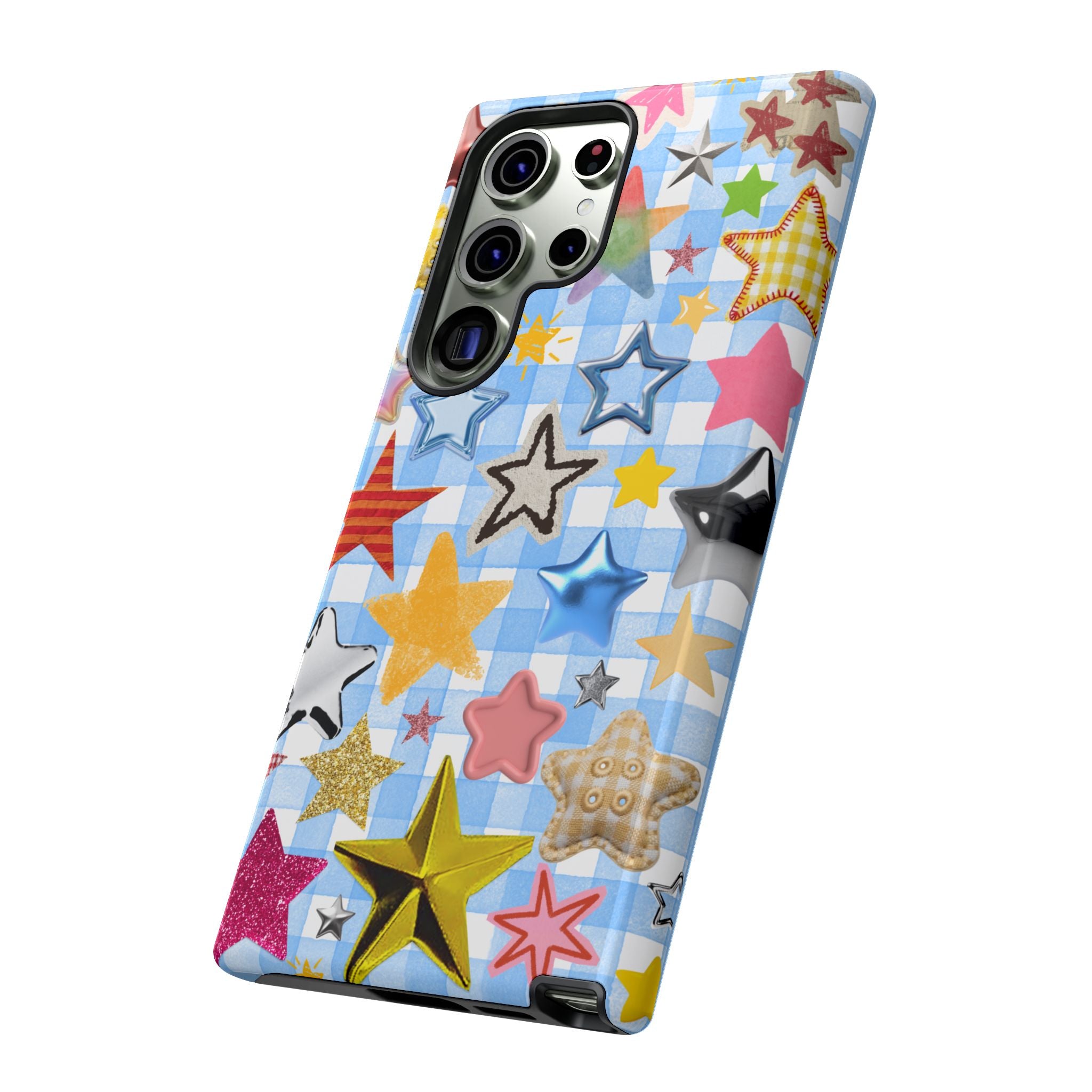 Star Pattern Phone Case – Colorful Stars on Blue Gingham Phone Case