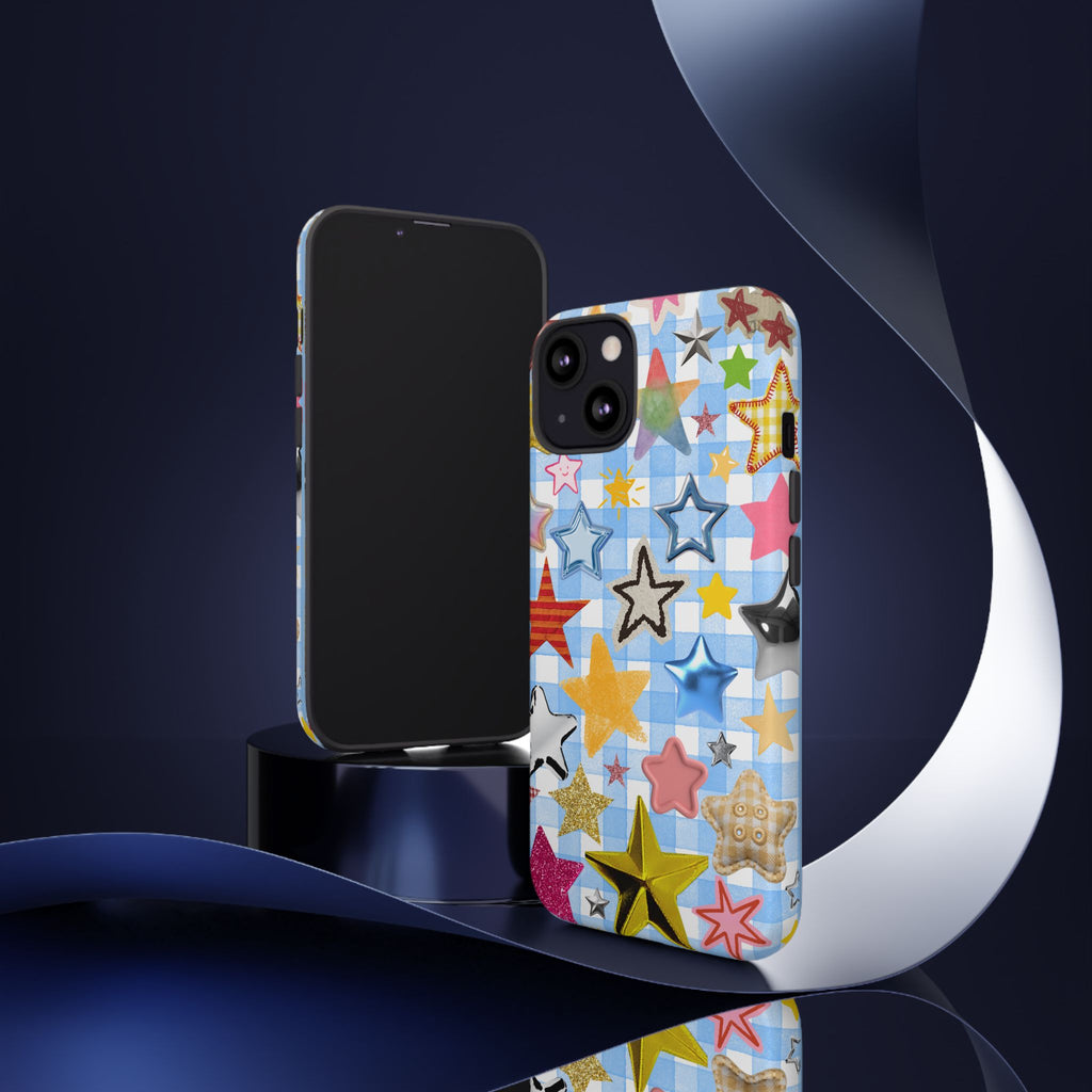 Star Pattern Phone Case – Colorful Stars on Blue Gingham Phone Case
