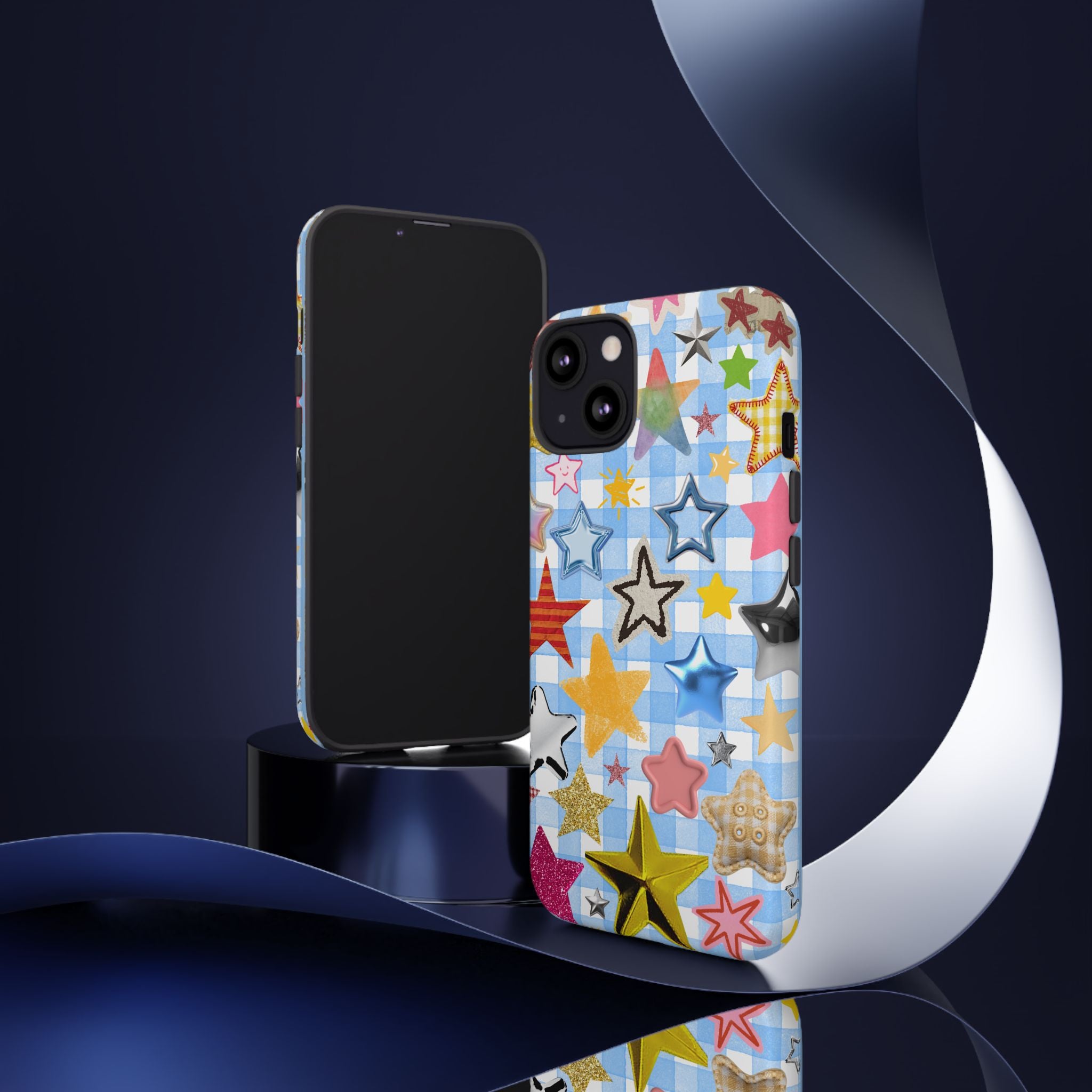 Star Pattern Phone Case – Colorful Stars on Blue Gingham Phone Case
