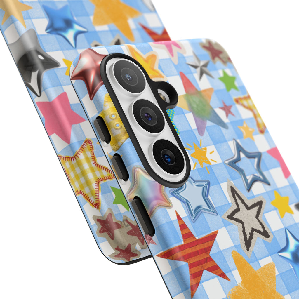 Star Pattern Phone Case – Colorful Stars on Blue Gingham Phone Case