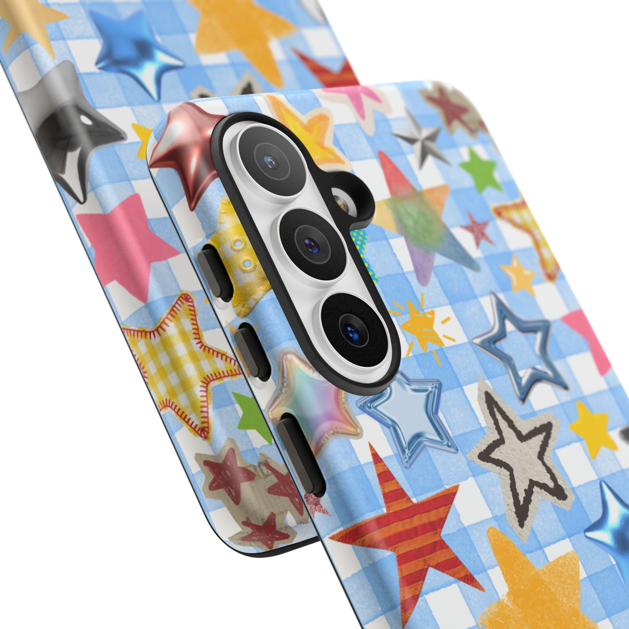 Star Pattern Phone Case – Colorful Stars on Blue Gingham Phone Case