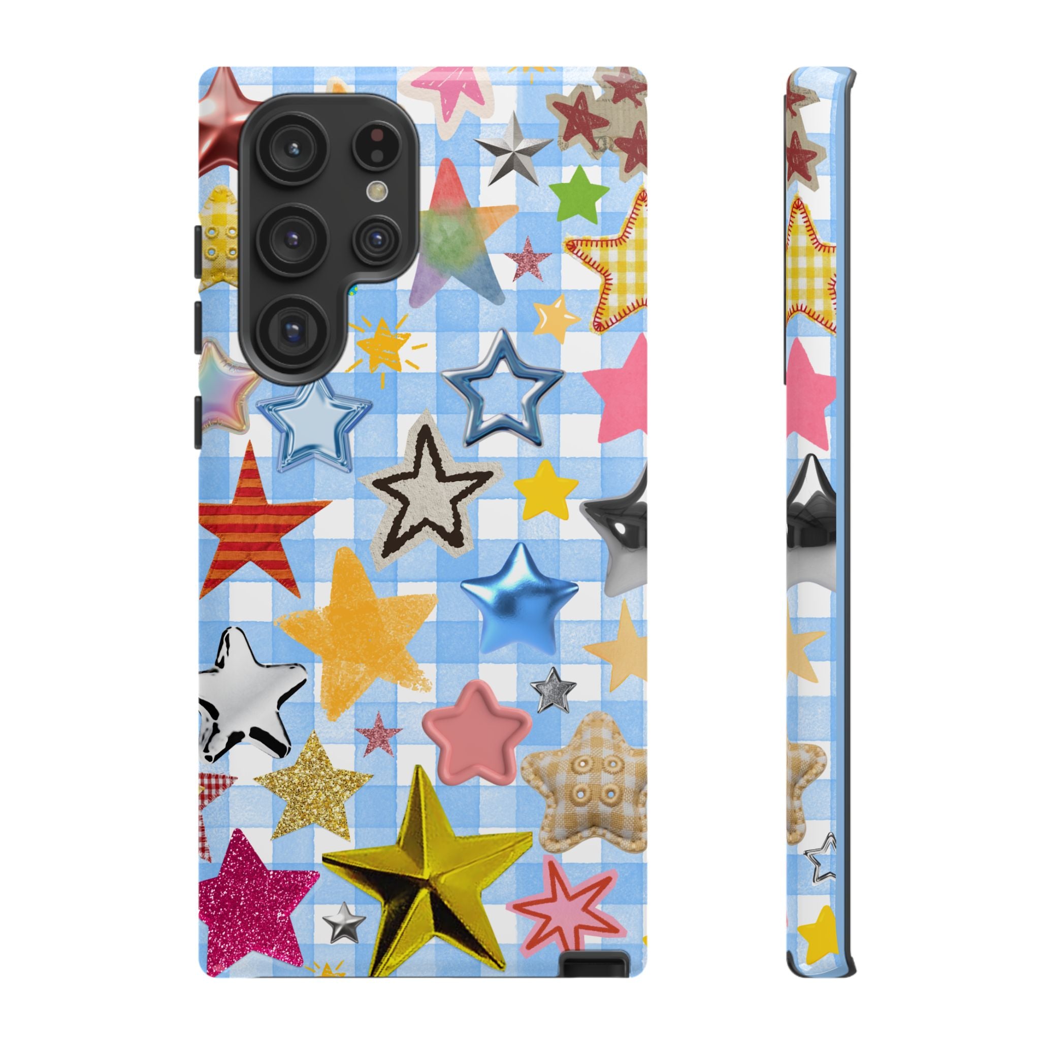 Star Pattern Phone Case – Colorful Stars on Blue Gingham Phone Case