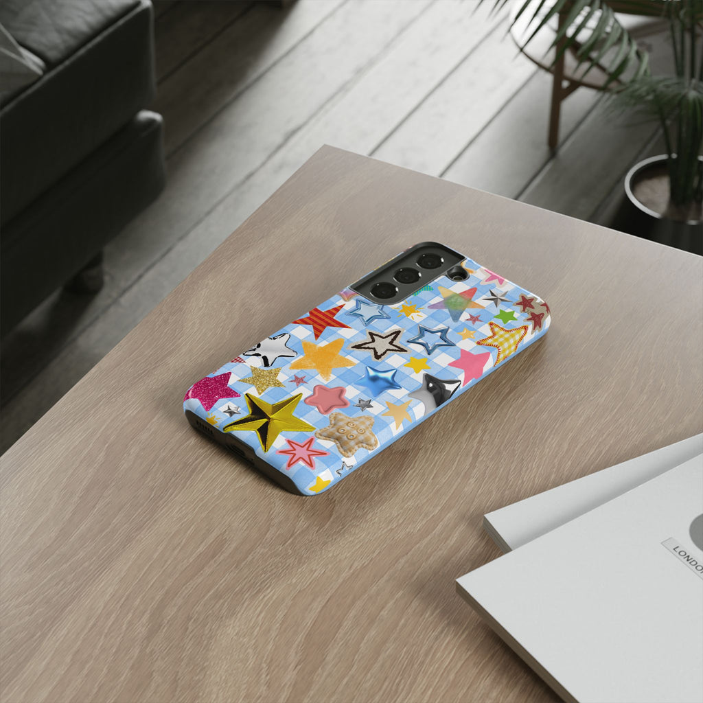 Star Pattern Phone Case – Colorful Stars on Blue Gingham Phone Case