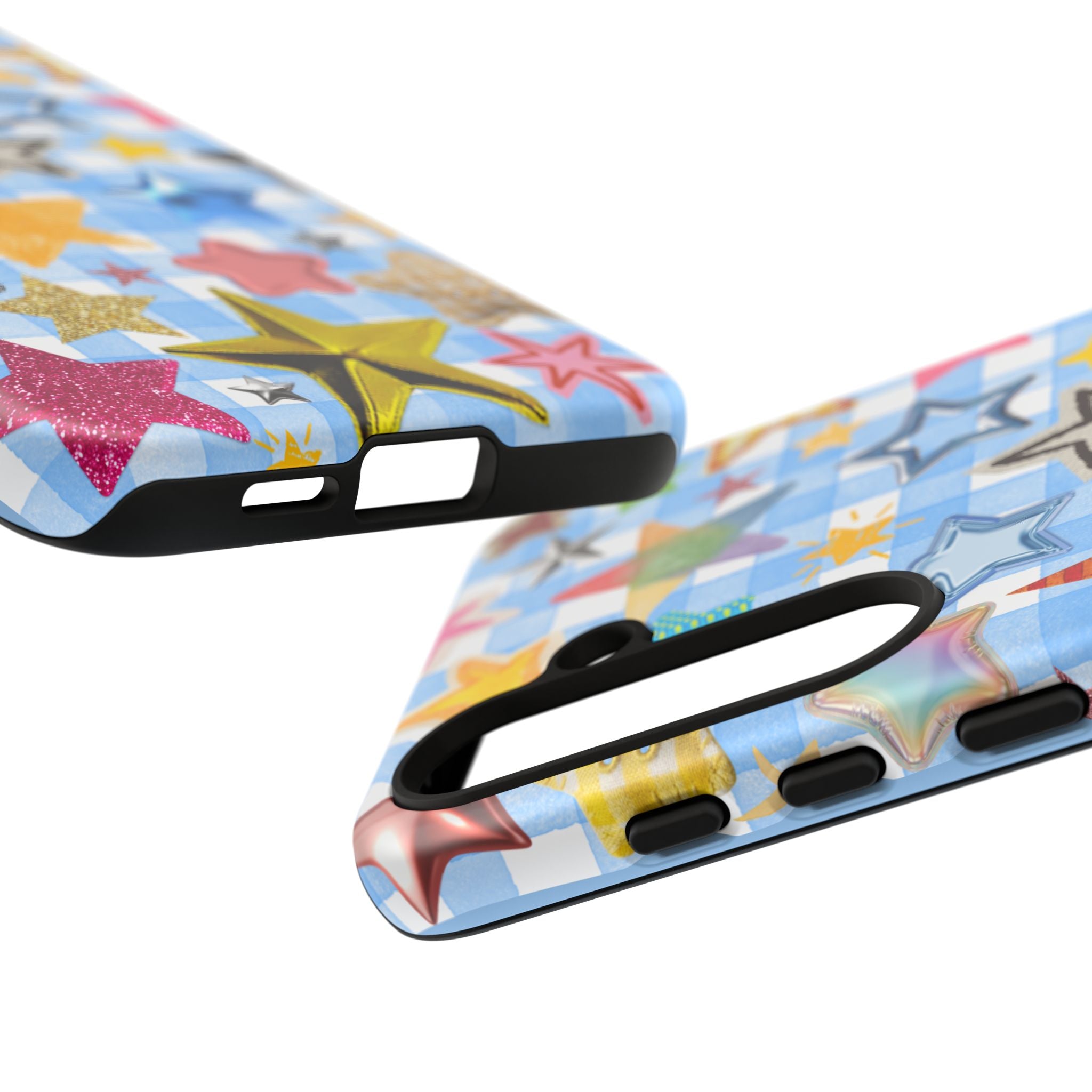 Star Pattern Phone Case – Colorful Stars on Blue Gingham Phone Case