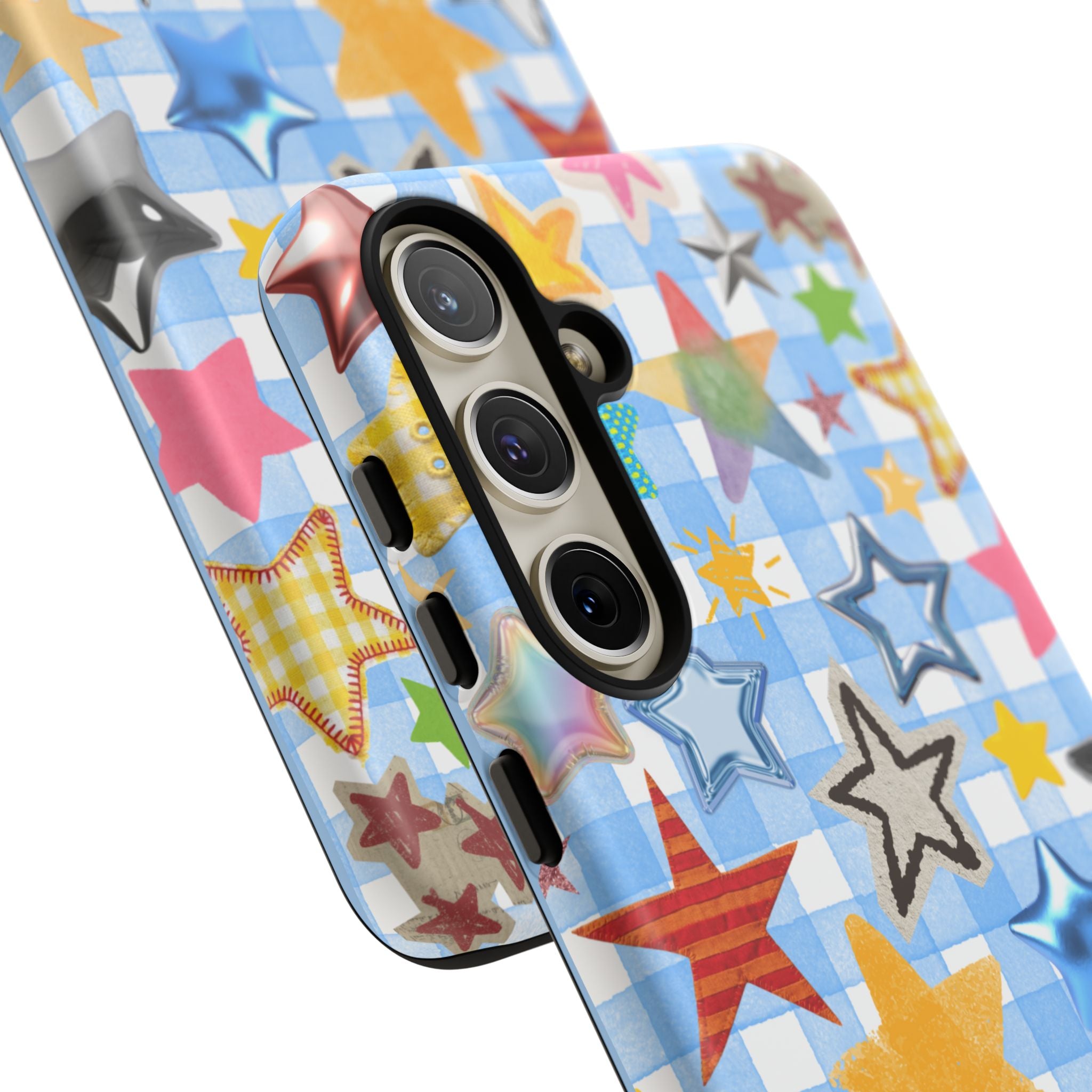 Star Pattern Phone Case – Colorful Stars on Blue Gingham Phone Case