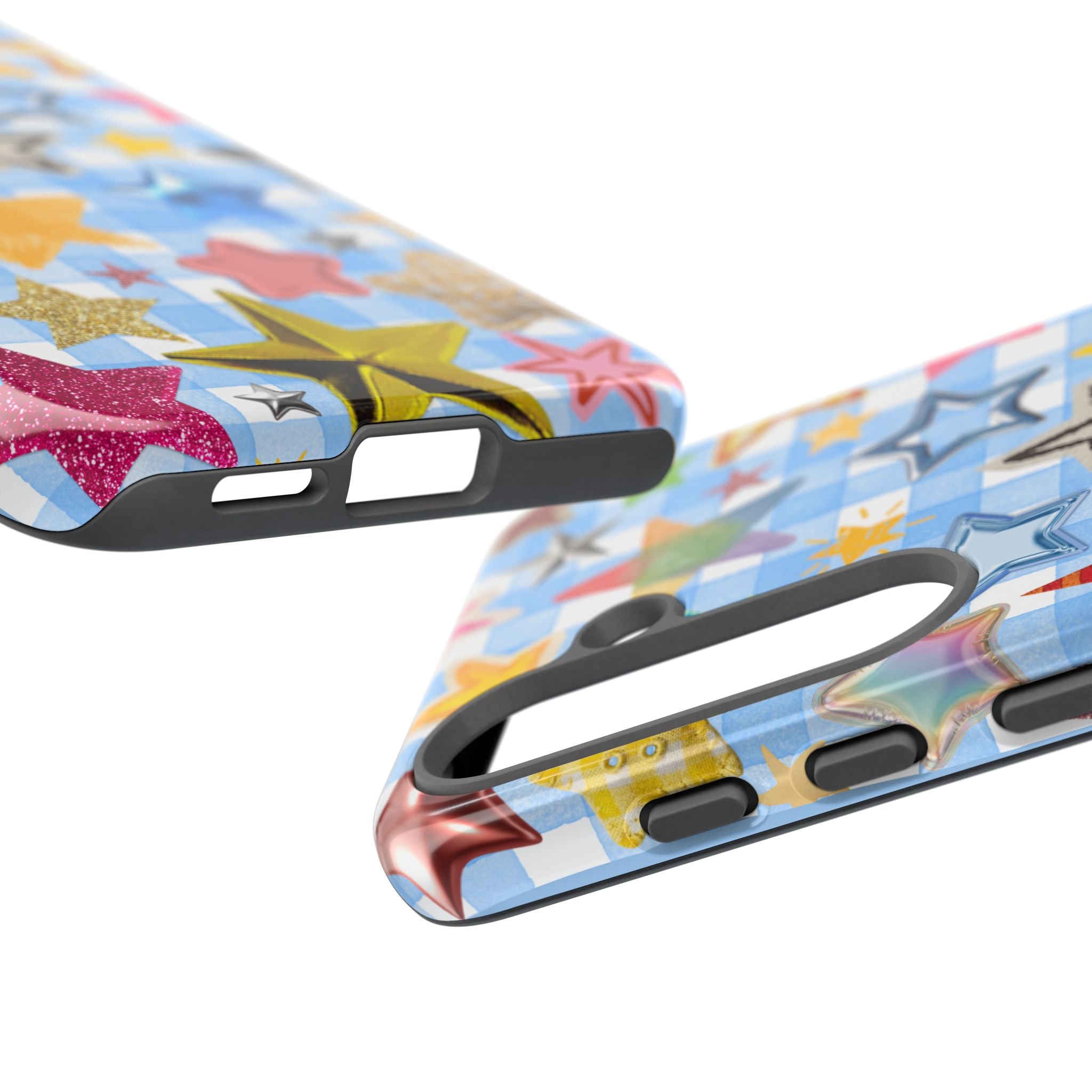 Star Pattern Phone Case – Colorful Stars on Blue Gingham Phone Case