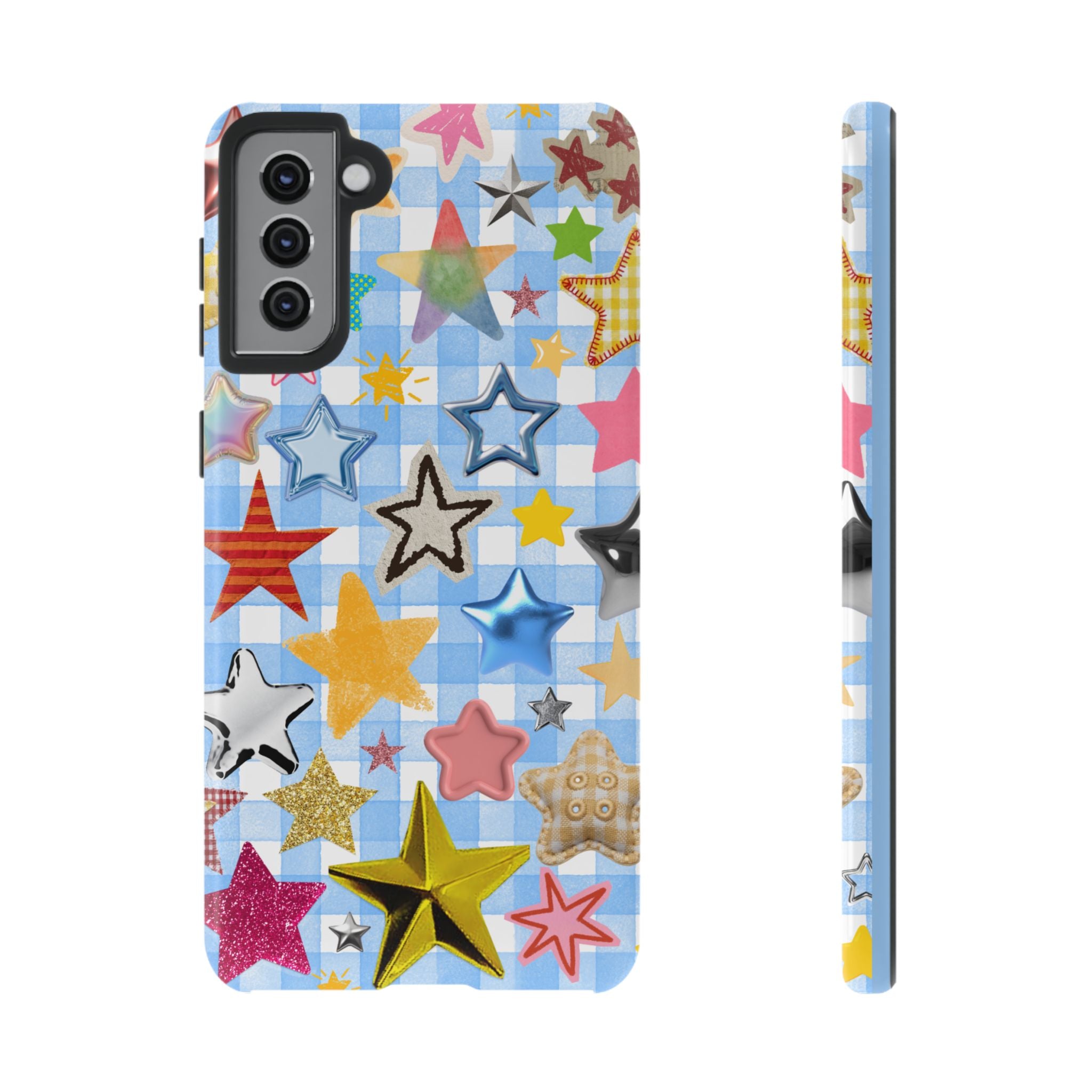 Star Pattern Phone Case – Colorful Stars on Blue Gingham Phone Case