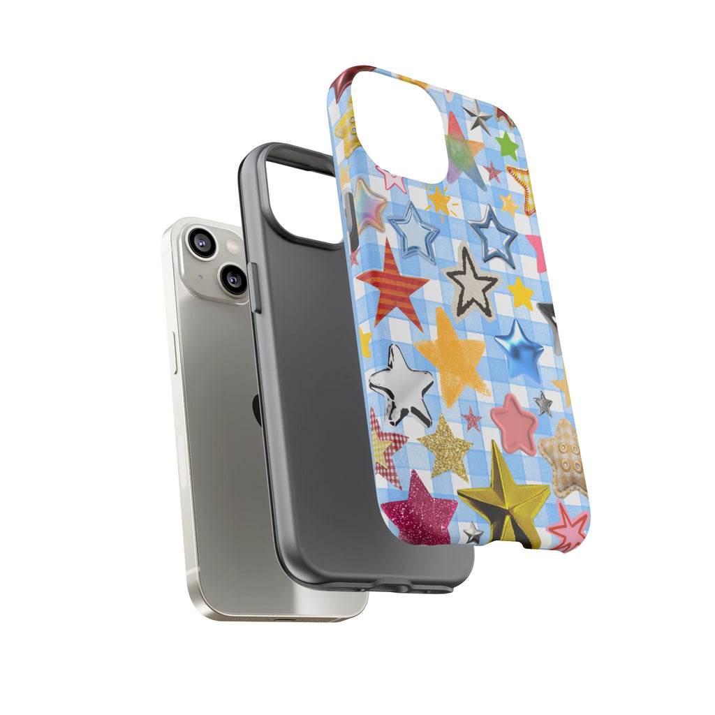 Star Pattern Phone Case – Colorful Stars on Blue Gingham Phone Case